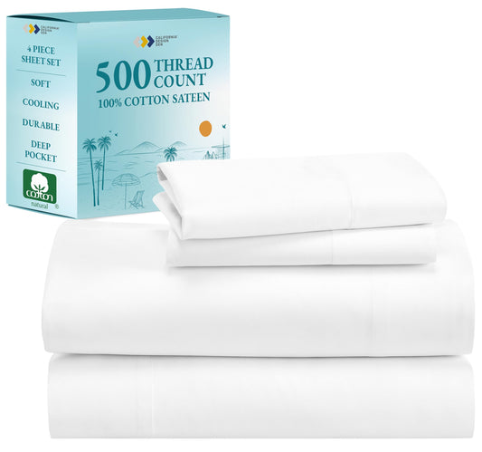 California Design Den 4 Piece Full Size Sheet Set - 100% Cotton 500 Thread Count, Cooling Deep Pocket Bed Sheets with Fitted Elastic Sheet, Extra Soft Luxury Hotel Quality - Pure White