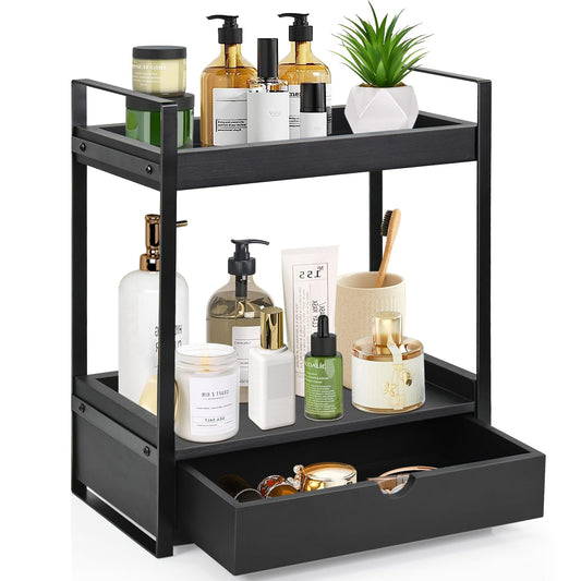 2-Tier Bathroom Organizer Countertop with Drawer, Wood Counter Shelf for Bathroom Storage, Vanity Tray for Bathroom Organization and Decor, Countertop Organizer for Bathroom, Kitchen, Office (Black)