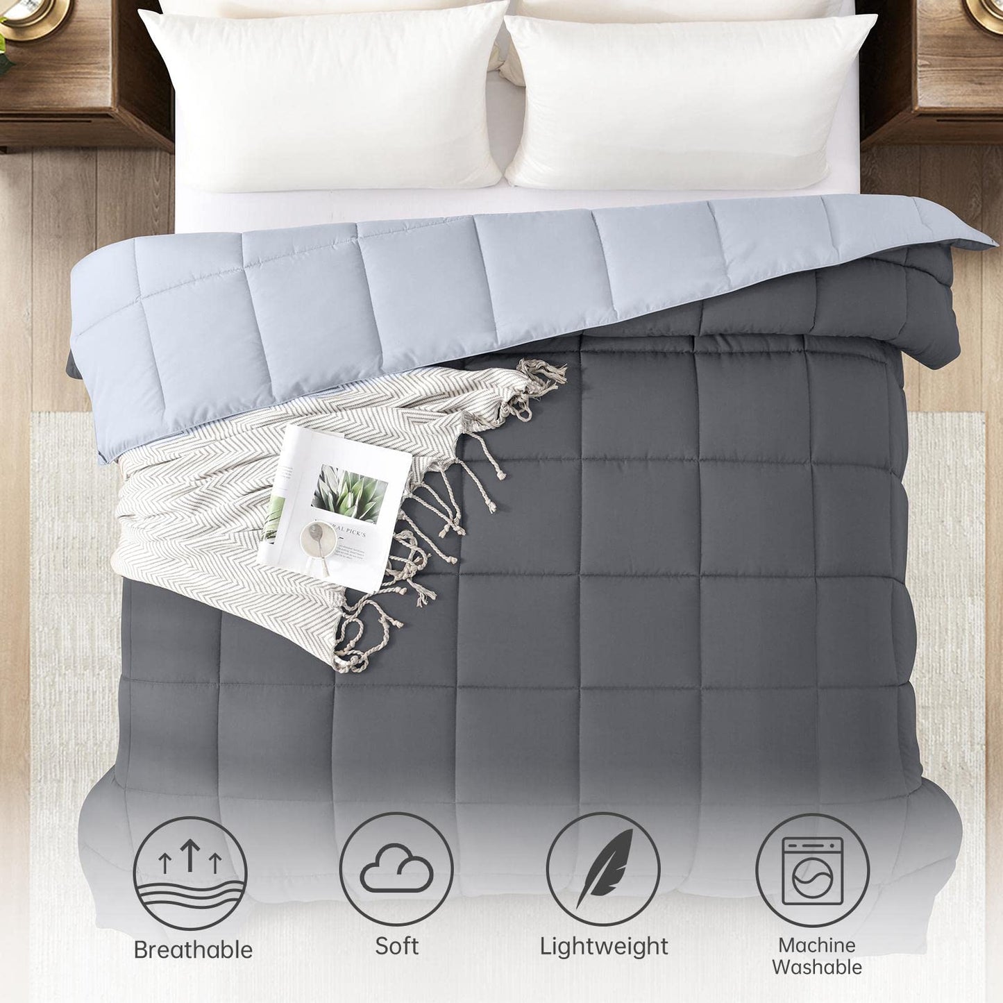 Homelike Moment Lightweight Twin Comforter - Grey Down Alternative Comforters Twin Size Bed, All Season Duvet Insert Quilted Reversible Bedding Comforter Soft Cozy Twin Size Dark Gray/Light Grey
