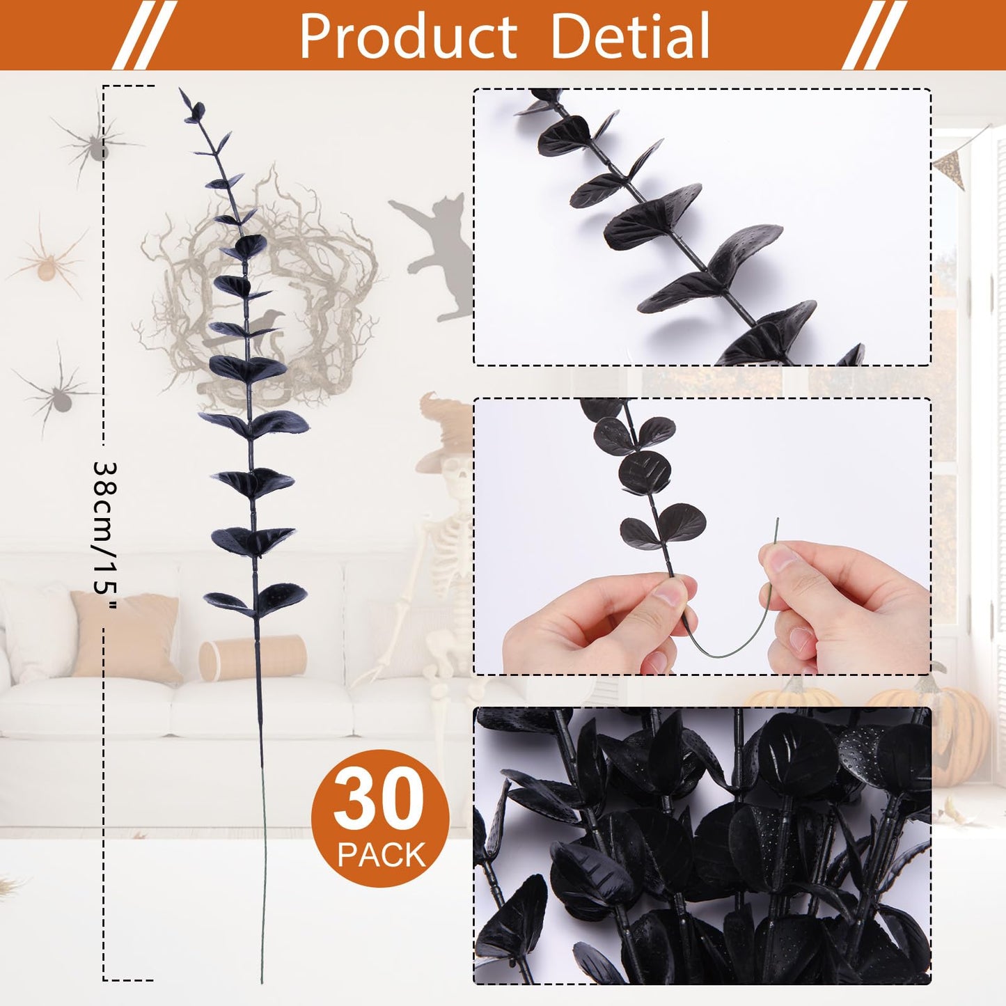 LYDTICK 30 PCS Black Artificial Eucalyptus Stems Faux Flowers Fake Eucalyptus Leaves for Home Halloween Table Farmhouse Décor, 1 Branch