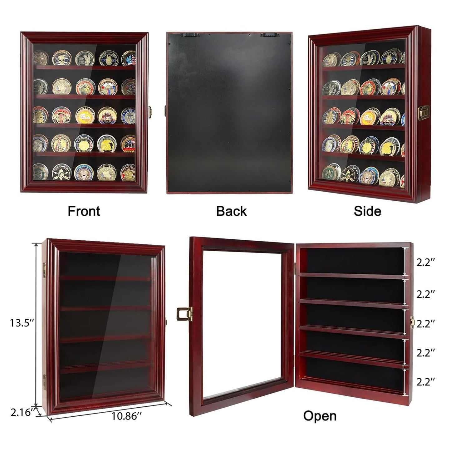 ASmileIndeep Military Challenge Coin Display Case Holder with HD Toughened Glass and Wall Mount, Wooden Coin Stand Rack with Removable 2 Grooves Shelves, Mahogany Finish…