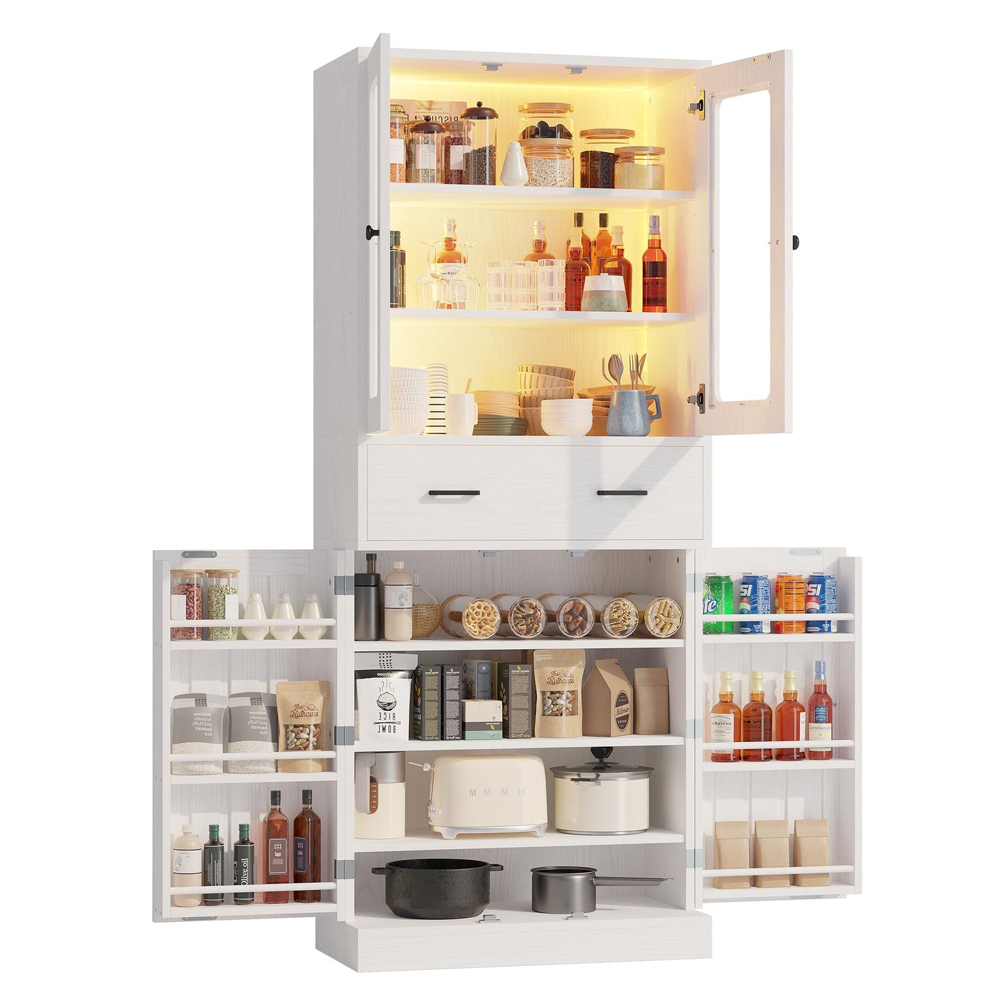 IRONCK 74.8" Tall Kitchen Pantry, Storage Cabinet with LED Lights, Kitchen Cabinet with Acrylic Glass Door, Drawer and Adjustable Shelves, for Kitchen, Dining Room, White