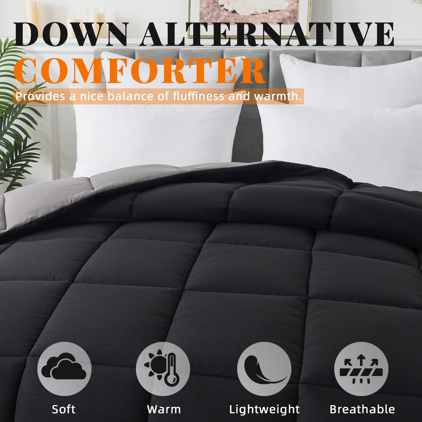 Cosybay Down Alternative Comforter (Black/Grey, Queen) - All Season Soft Quilted Queen Size Bed Comforter - Duvet Insert with Corner Tabs -Winter Summer Warm Fluffy, 88x92inches