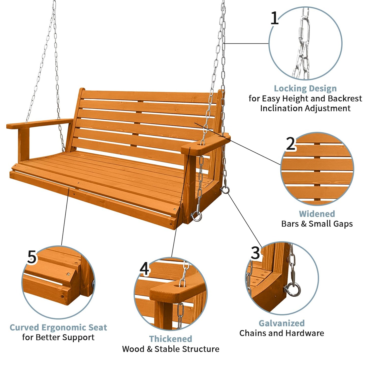 Wooden Porch Swing, Ergonomic Seat, Bench Swing with Hanging Chains and 7mm Springs, Heavy Duty 880 LBS, for Outdoor Patio Garden Yard (Amber, 2-Seater)