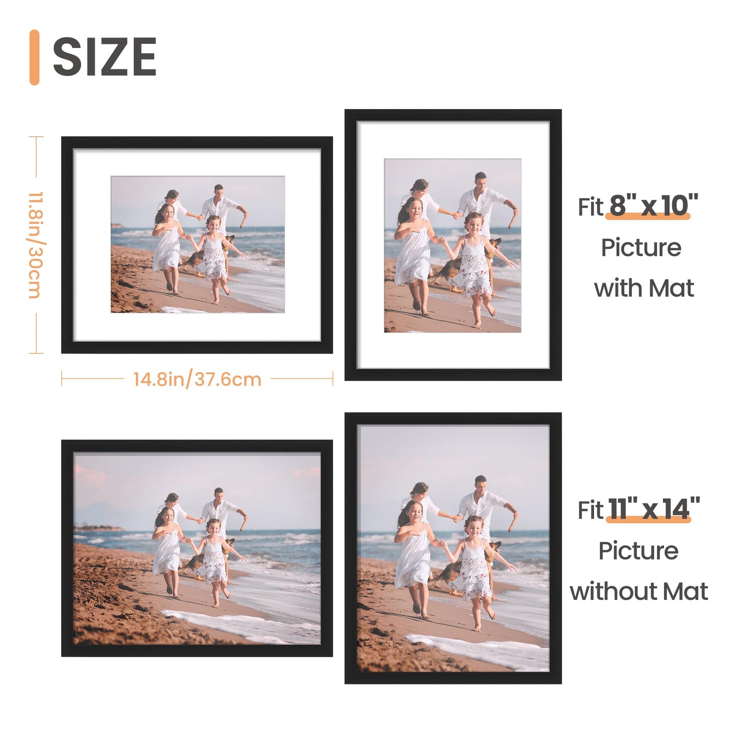 upsimples 11x14 Picture Frame, Display Pictures 8x10 with Mat or 11x14 Without Mat, Wall Hanging Photo Frame, Black, 1 Pack