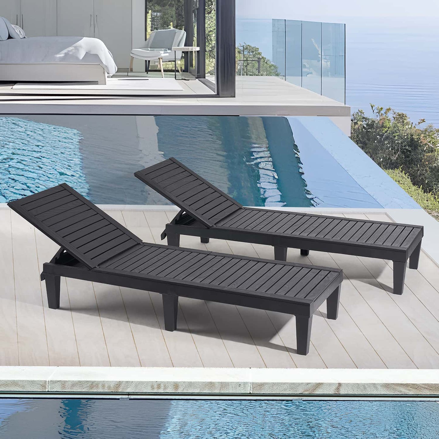 Nestl Patio Chairs - Waterproof Outdoor Chaise Lounge Chair, Set of 2 Adjustable Lawn Chairs, Lightweight Black Chaise Lounge Outdoor