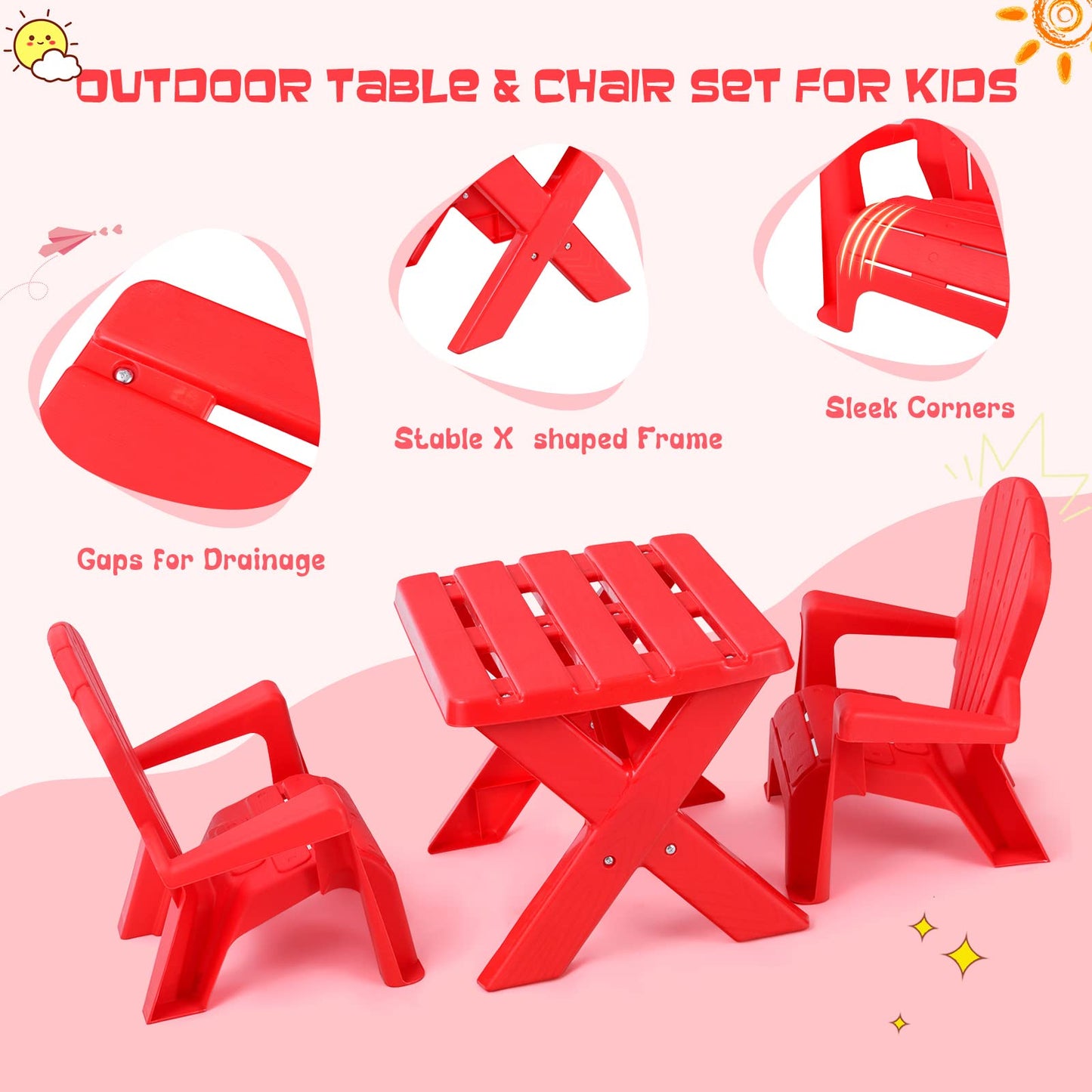 COSTWAY Kids Outdoor Table & Chair Set, Toddler Play Table with 2 Adirondack Chairs, 3 Pcs Kids Backyard Furniture, Stackable Design for Saving Space, for Beach, Garden, Lawn (Red)