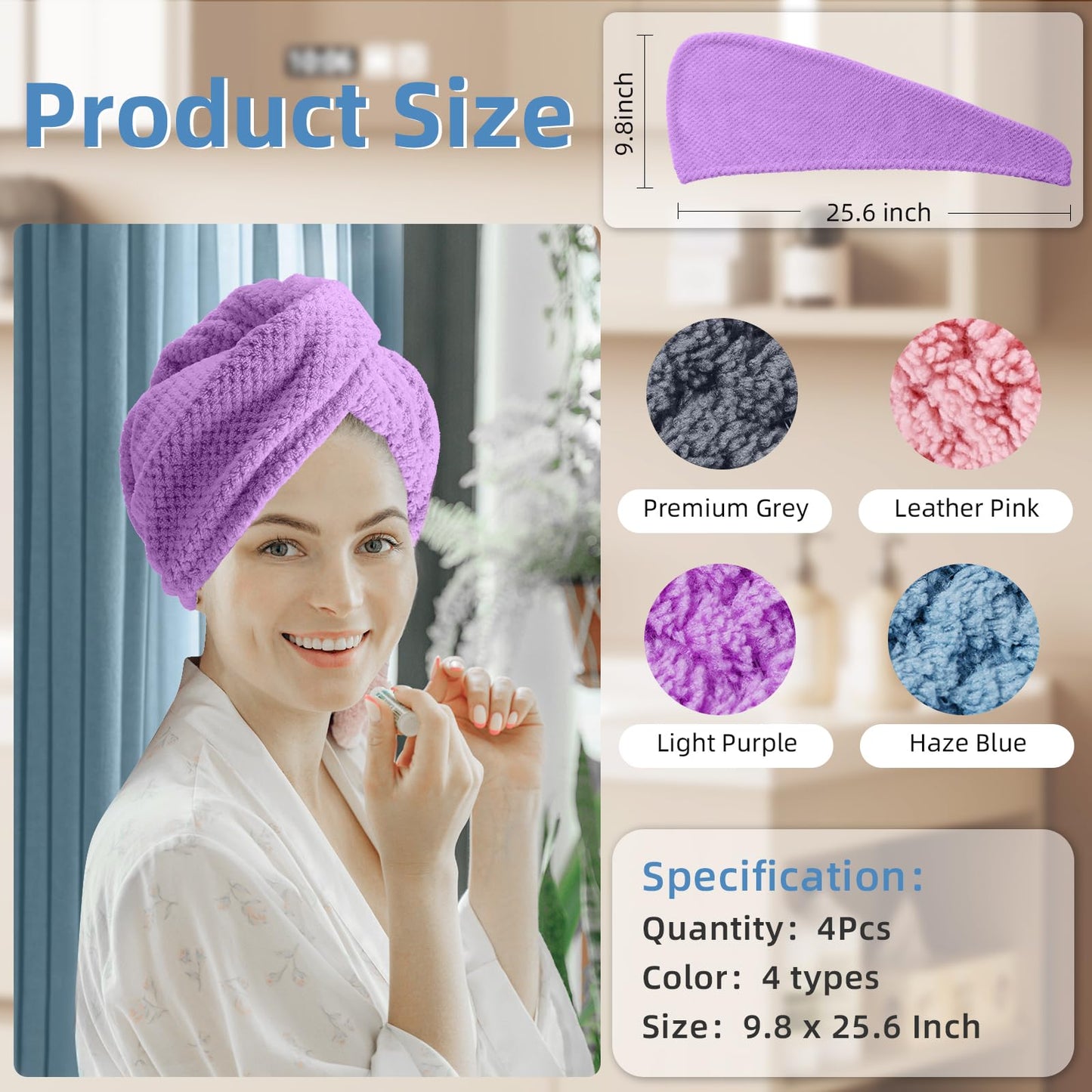 Amrules Hair Towel Wrap, 4 Packs 9.8 X 25.6 Inch Towel Turbans for Wet Hair, Dry Hair Towel, Headbands for Curly and Long Hair - Bathroom Must-Have for Ladies