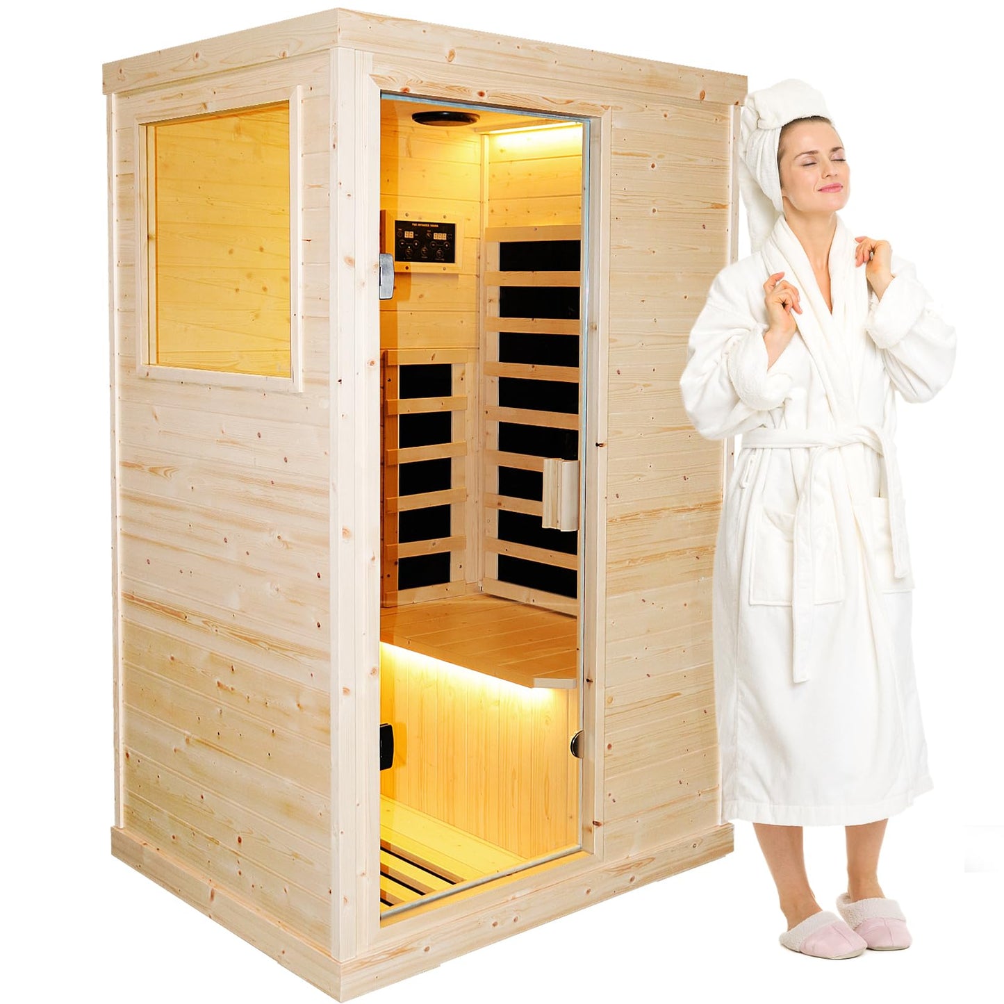 OUTEXER Far Infrared Wooden Sauna Room Home Sauna Spa Low-EMF Dry Saunas Single Person Spa Finland Spruce Wood fit for 7ft Person