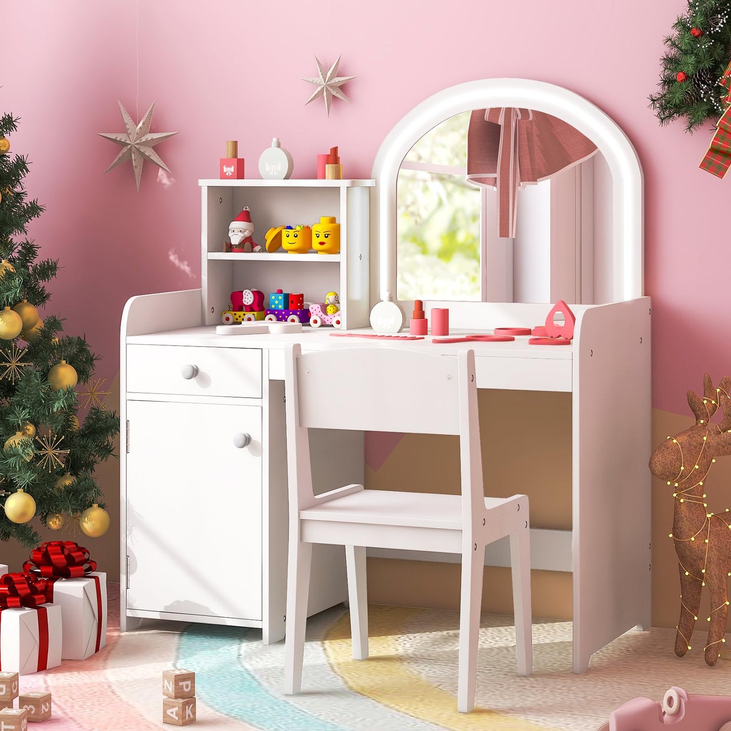 Costzon Kids Vanity with Lights, 2 in 1 Princess Makeup Desk & Chair Set with Lighted Mirror, Drawer, Storage Shelves & Cabinet, Toddler Dressing Table, Pretend Play Vanity Set for Little Girls, White