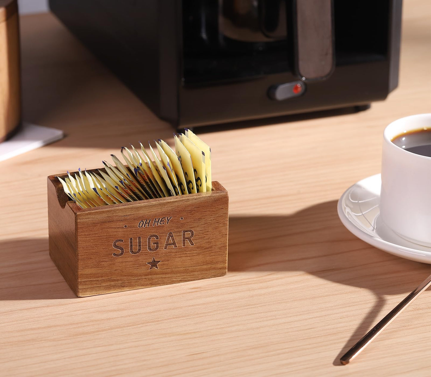 Sugar Packet Holder For Coffee Bar, Acacia Wood Sugar Packets Caddy, Farmhouse Sugar Cube Holder, Small Sugar Container Tea Bag Organizer for Table, Office,Hotel, Restaurant