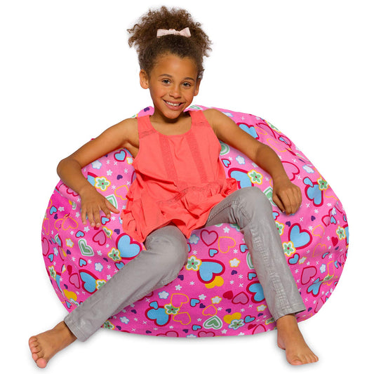 Posh Creations Bean Bag Chair for Kids, Teens, and Adults Includes Removable and Machine Washable Cover, Canvas Multi-Colored Hearts on Pink, 38in - Large