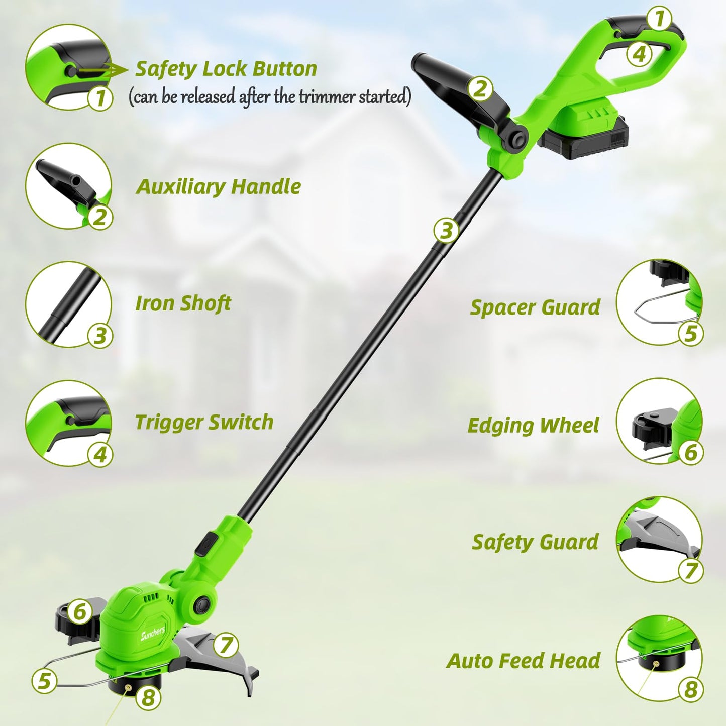 SUNCHERS 12-inch 20V Cordless String Trimmer with Charger, 2 X 2.0Ah Battery Powered Grass Mover with Auto Line Feed, 2 in 1 Lawn Edger with 8 Pcs Grass Cutter Spool Line and 2 Spool Cap, Green