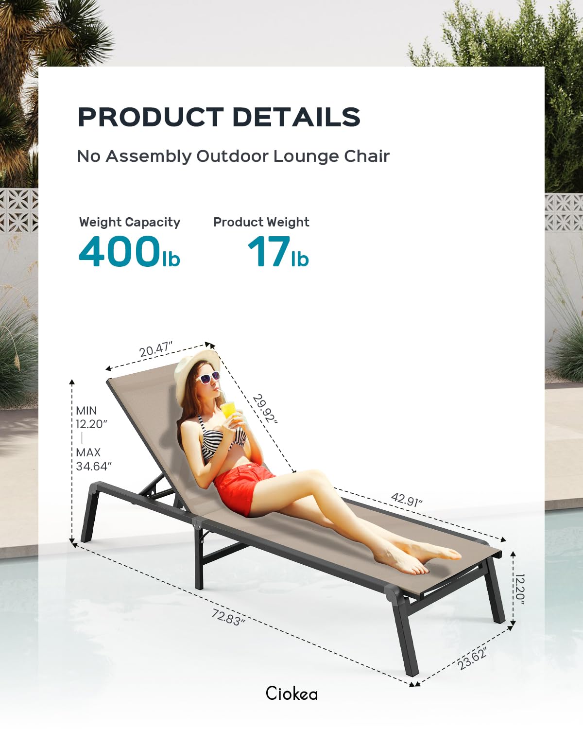 Aluminum Chaise Lounge Ourdoor - Foldable & Assemble Free Outdoor Lounge Chair with 5 Adjustable Backrest, Patio Lounge Chair for Outside Poolside Beach Pool, Khaki