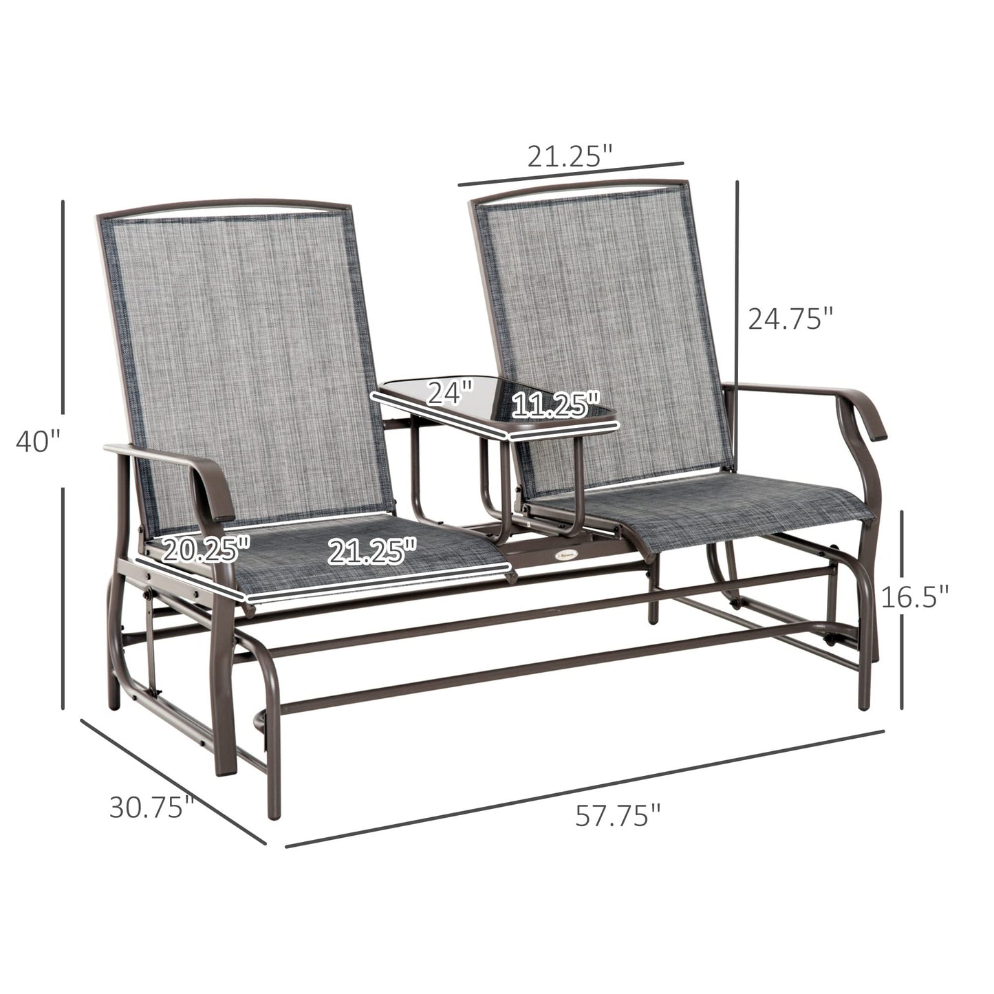 Outsunny Outdoor Glider Bench with Center Table, Metal Frame Patio Loveseat with Breathable Mesh Fabric and Armrests for Backyard Garden Porch, Gray