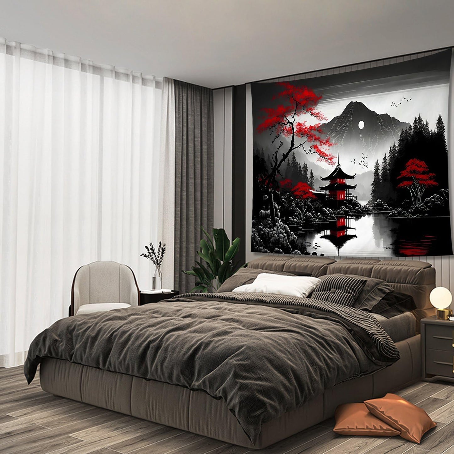 Mountain Forest Tapestry for Bedroom, Black and White Nature Moon Landscape Wall Hanging, Tree Sunset Dark Large Tapestries Aesthetic Art Decor for Living Room College Dorm Home (51x60 Inches)