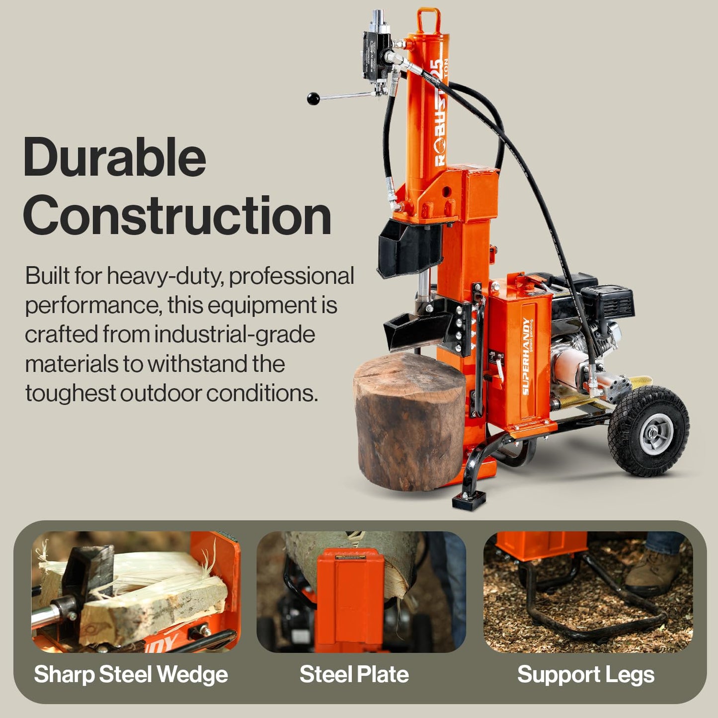 SuperHandy Portable 25 Ton Gas Log Splitter with 7HP Engine, Bucher Gear Pump, and Horizontal/Vertical Half Beam Steel Wedge for Firewood Splitting and Forestry Harvesting