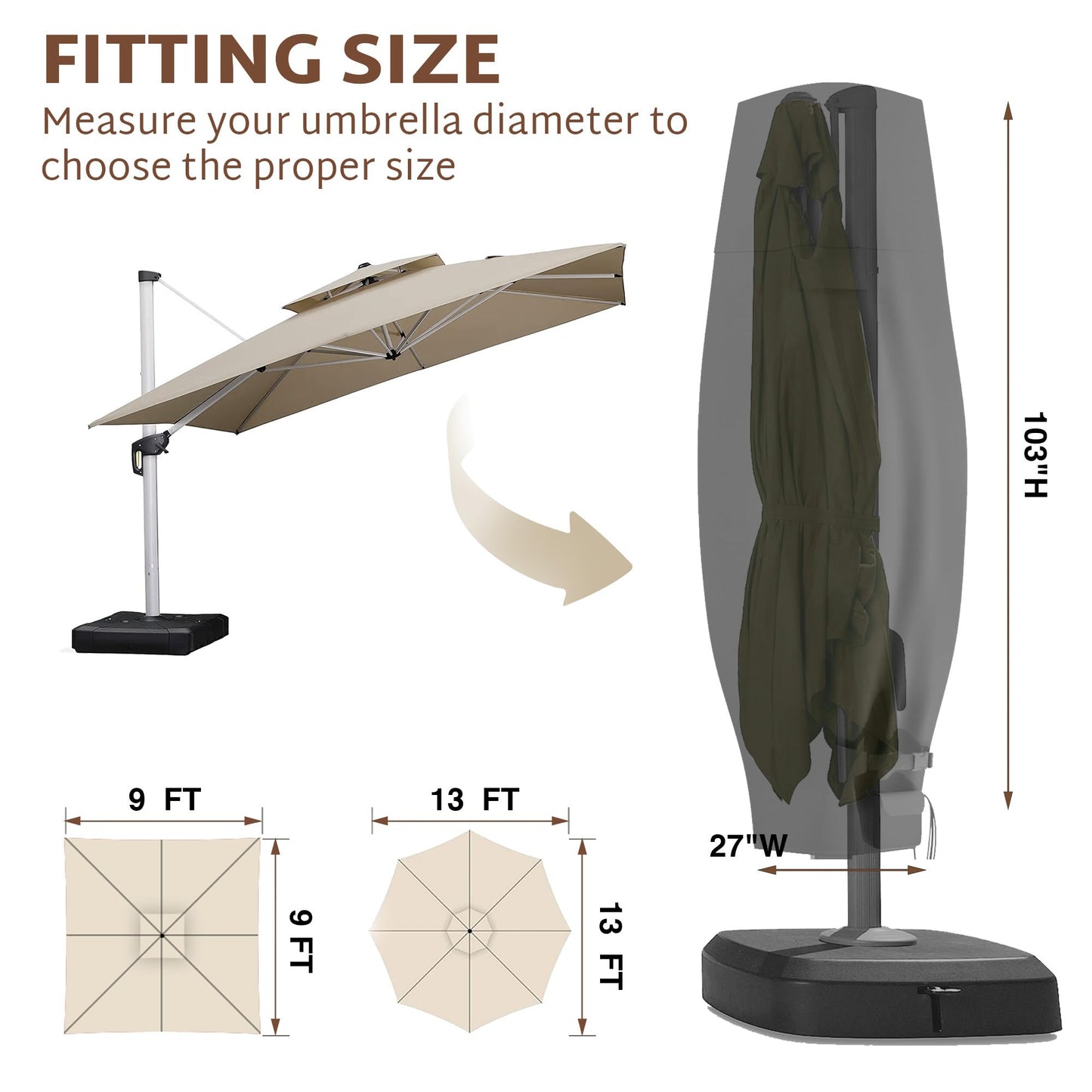 iBirdie Outdoor Patio Umbrella Cover Fits 9 - 13 Feet Offset Umbrella - Cantilevers Offset Umbrella or Large Market Umbrella - 600D Waterproof and Weatherproof with Zippers and Rod