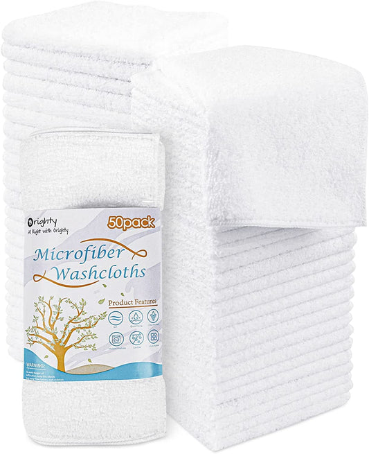 Orighty Washcloths Bulk Towels Set 50 Pack, Highly Absorbent and Soft Feel Microfiber Face Cloths, Multi-Purpose Wash Cloths & Hand Towels for Bathroom, Hotel, Spa, and Gym, 12x12 Inch