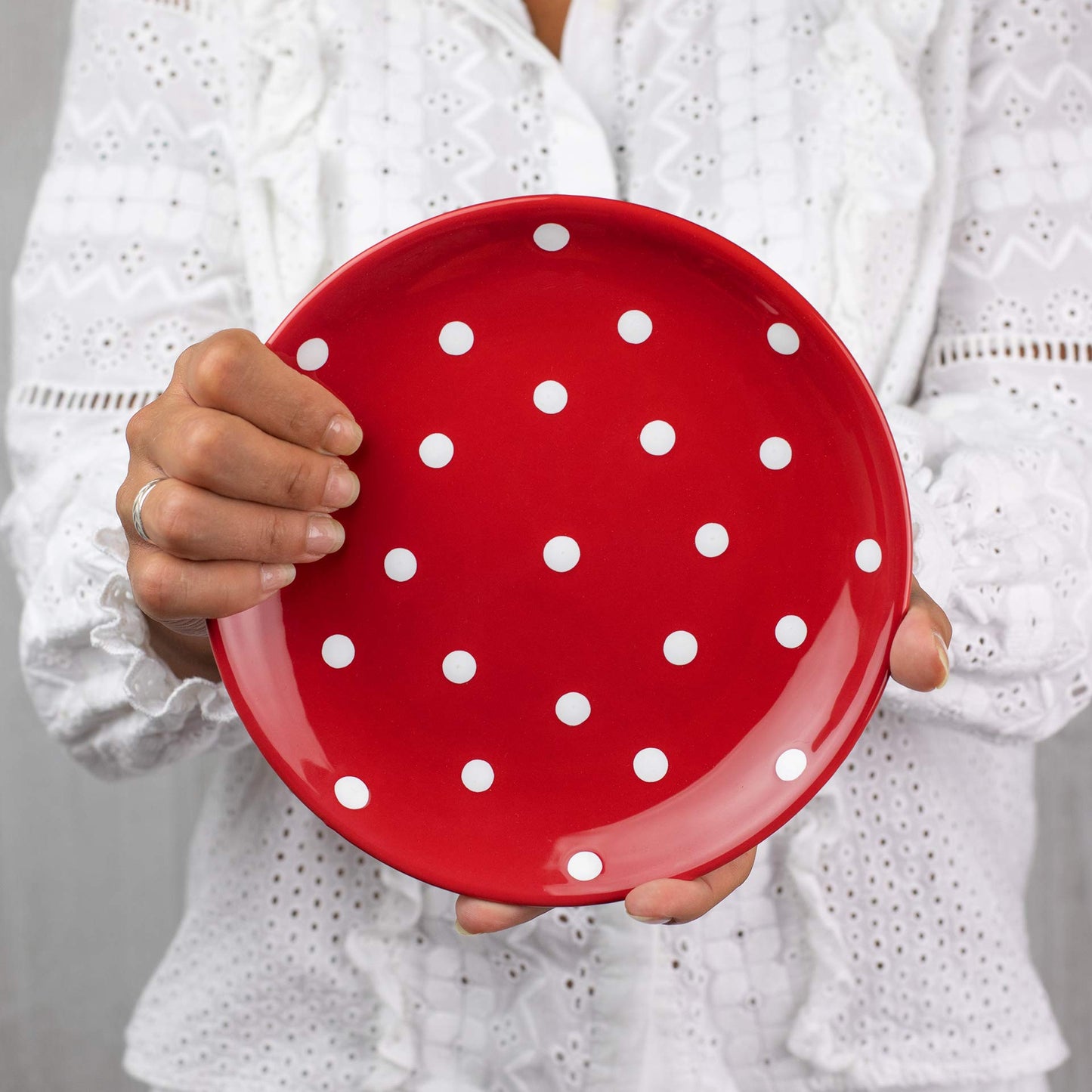 City to Cottage Handmade Red and White Pottery Polka Dot Glazed 7.9inch/20cm Side Plate, Dessert Plate, Unique Ceramic Dinnerware, Housewarming Gift