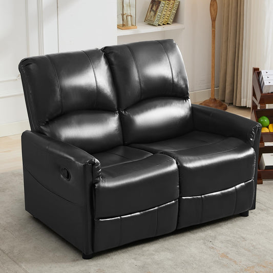 TUNYI 48.2" Loveseat Recliner RV Sofa - Double Manual Recliner Loveseat Glossy Leather Reclining Loveseat RV Furniture with 1" Leg and Side Pocket for Living Room/Apartment/RV (Black)