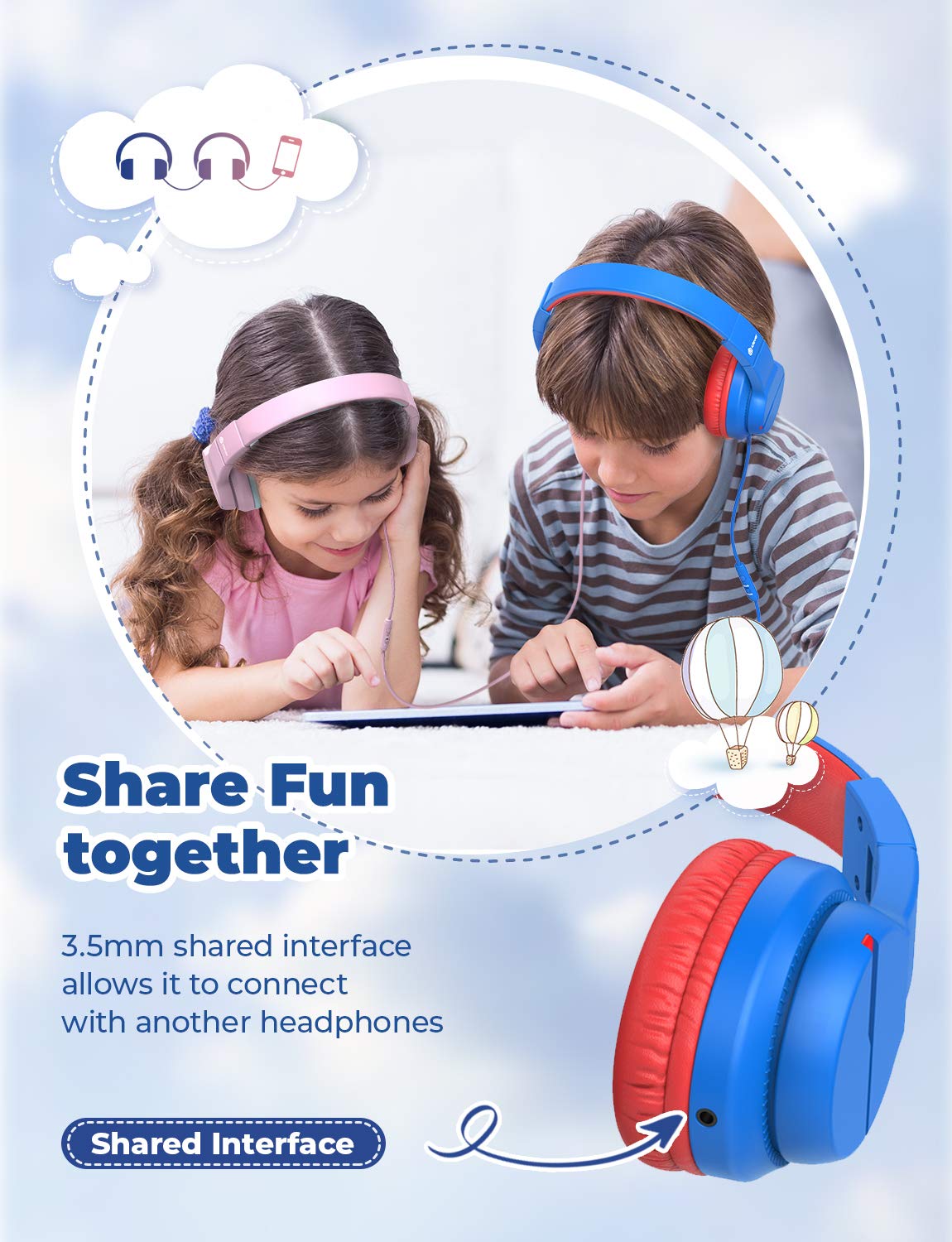 iClever Kids Headphones for School Travel, Safe Volume Limited, HD Mic Stereo Sound Over-Ear Girls Boys Headphones for Kid, FunShare Foldable 3.5mm Wired Kids Headphones for iPad Computer, HS19