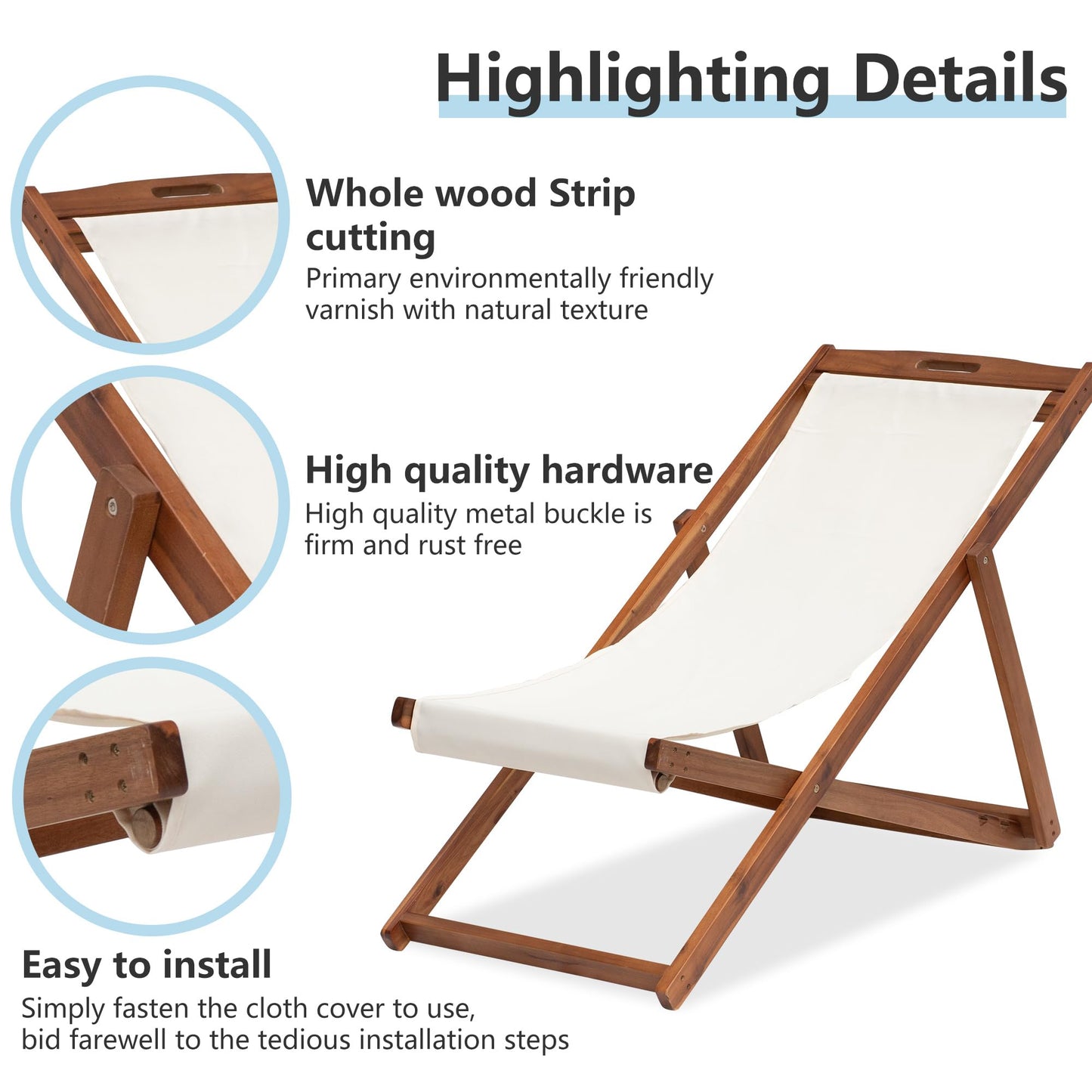 2 Set Sling Chairs Folding Sling Chair Set 3 Levels Waterproof Beach Sling Chair Outdoor Wood Patio Sling Chairs Whole Solid Eucalyptus Wood Frame for Beach Pool Side Balcony and Yard (Khaki)