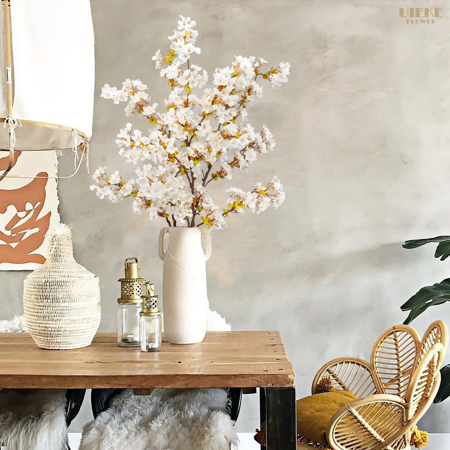 Uieke Silk White Cherry Blossom Branches, 39.3in Artificial Cherry Blossom Stems, Fake Plum Blossom Flowers Arrangement for Wedding Home Decor, Set of 8