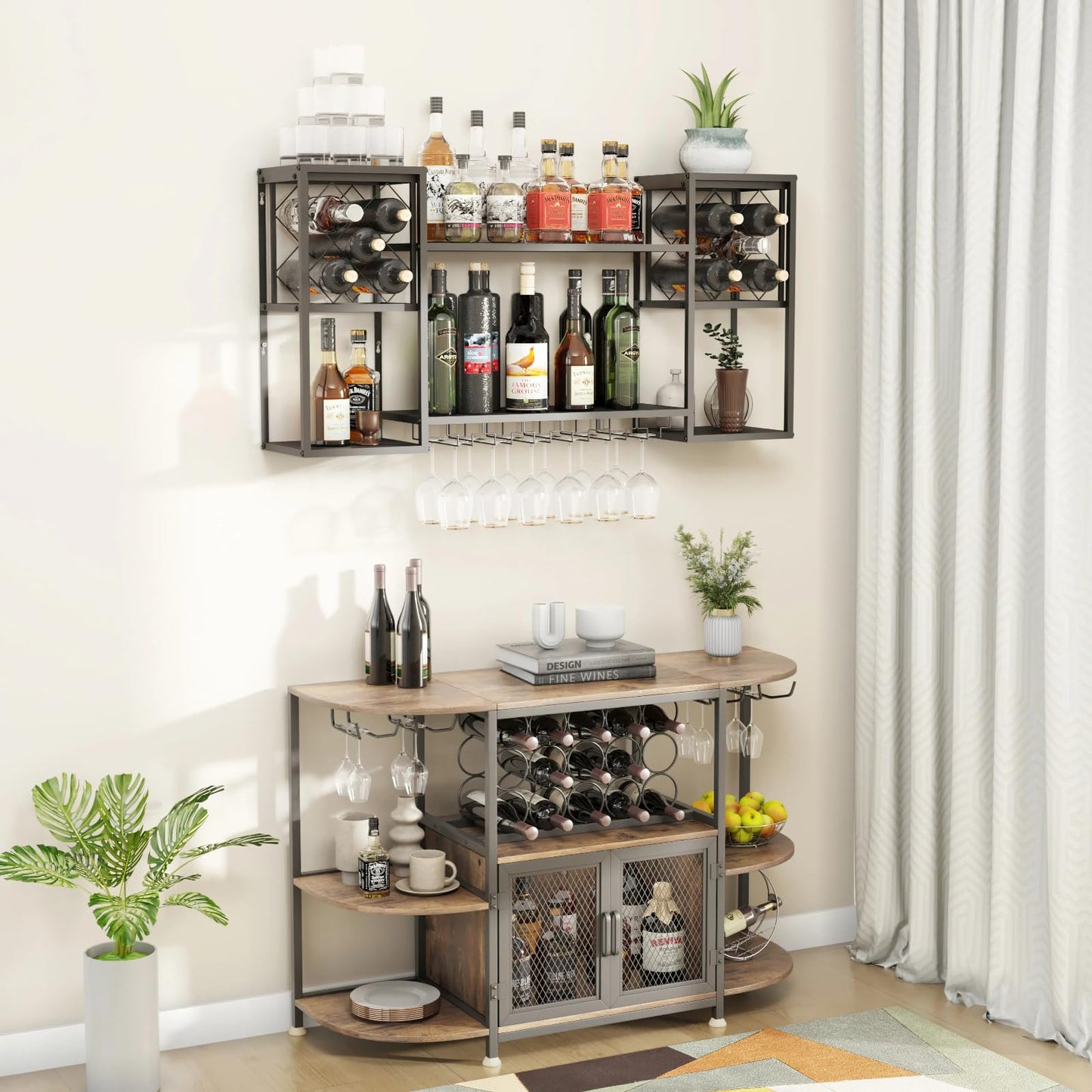 HEONITURE Wall Mounted Wine Rack, Multi Functional Bar Shelves for Liquor Bottles with Glass Holder, Modern Metal Bar Shelves Wall Mounted for Home Bar, Kitchen & Dining Room