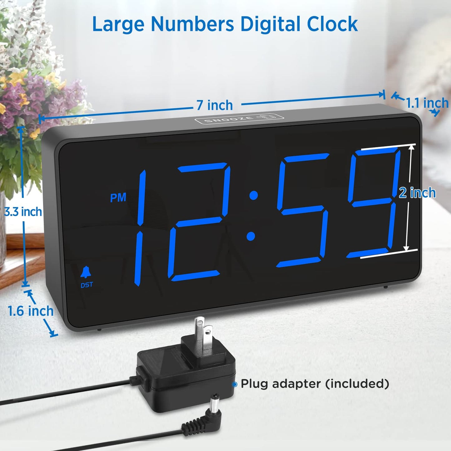 Peakeep Digital Alarm Clock for Bedroom Bedside, Loud Alarm Clock for Heavy Sleepers, Large Big LED Numbers for Seniors, Battery Backup Plug in Electric Clock with USB Charger (Blue)