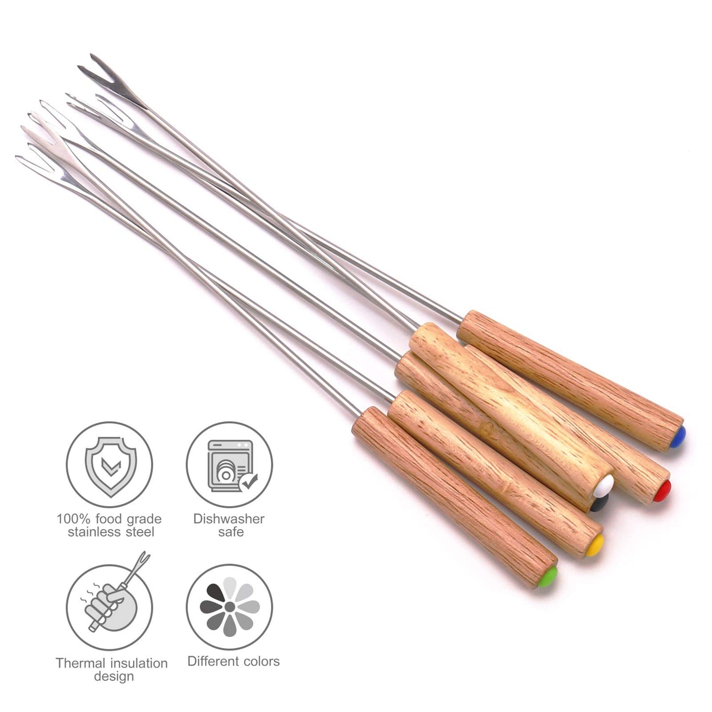 Set of 6 Stainless Steel Fondue Forks, 9.5 Inches Cheese Fondue Sticks Smore Sticks with Wooden Handle Heat Resistant for Chocolate Fountain Cheese Fondue Roast Marshmallows Fruits