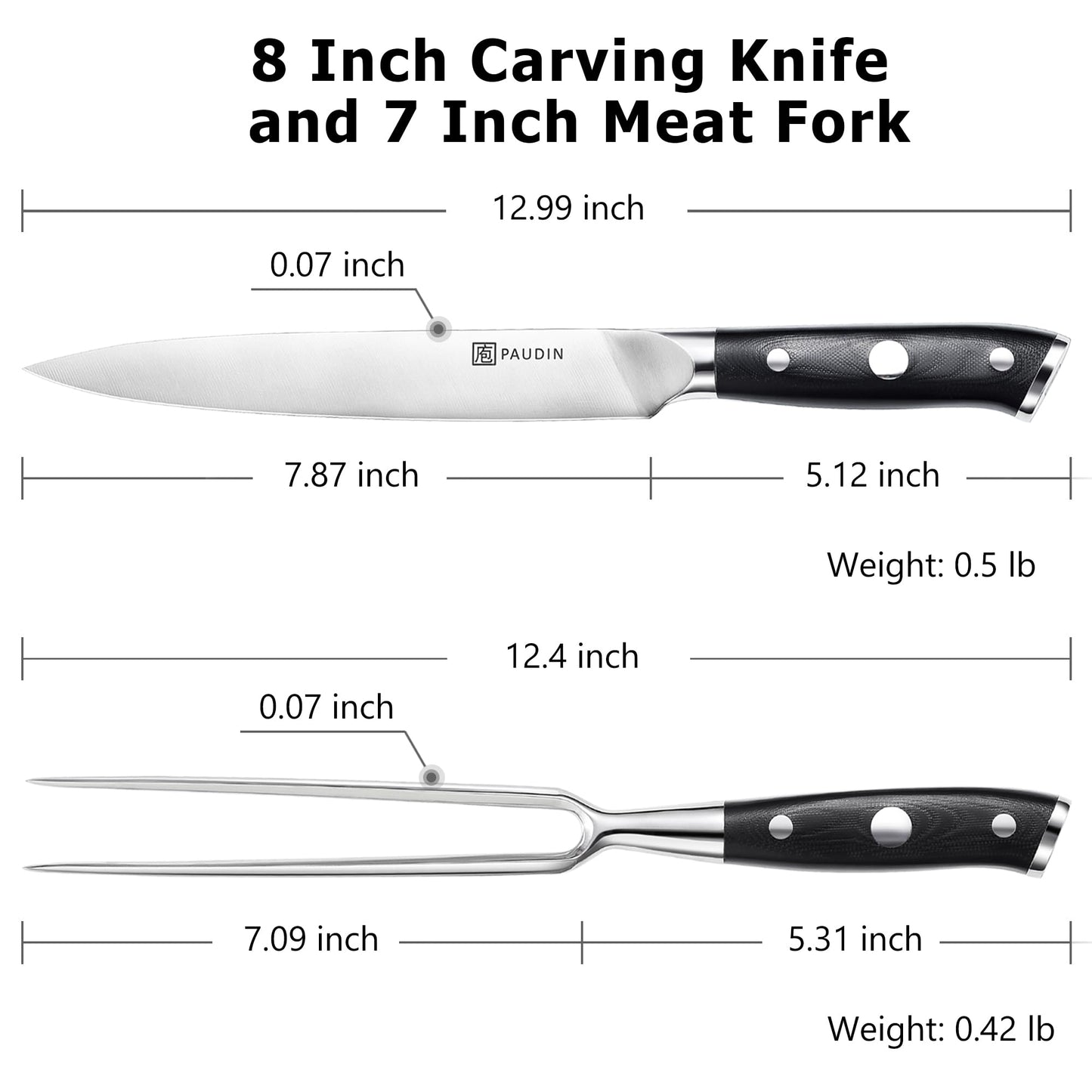 PAUDIN Carving Knife Set 8" - German Steel Turkey Carving Knife and Fork Set, BBQ Knife Set With Ergonomic Handle, Full Tang Carving Knife For Meat, Brisket