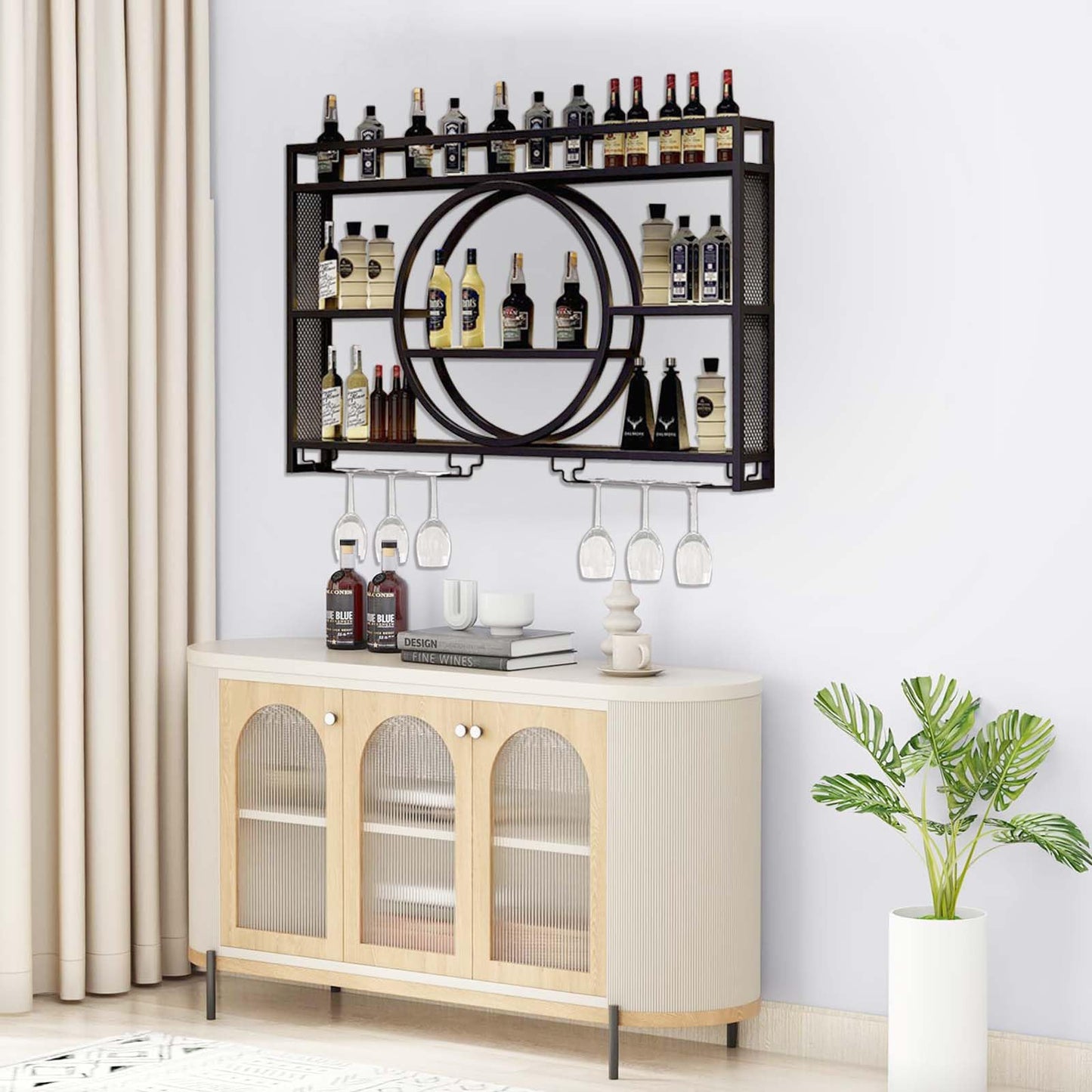 Dernoing Wall Mounted Wine Rack, Large Capacity 3 Tier Wine Glass Display Rack, Iron Round Wine Glass Storage Rack with Cup Holder, for Home Restaurant Bar (Black, 39.4 * 5.9 * 23.5inch)