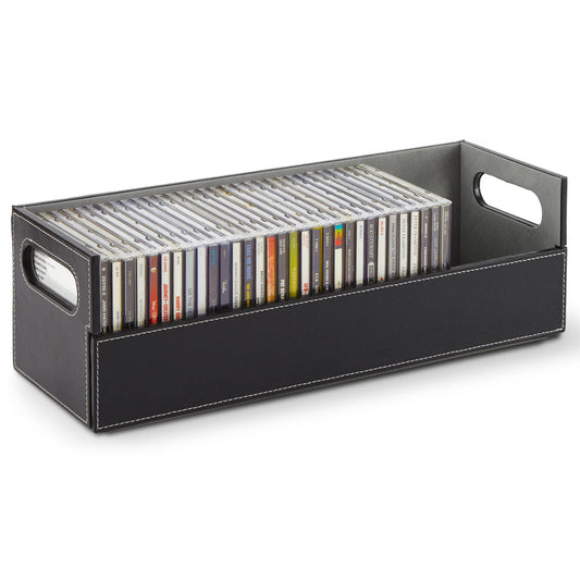 Stock Your Home CD Storage Box, Organizer Shelf for Movie Cases, DVDs, Cassette Tape Display Stand, Disc Holder Can Store Up to 40 CDs, Faux Leather (Black)