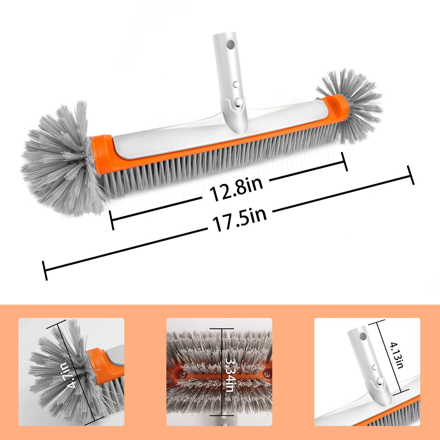 Poolvio Professional 17.5" Floor & Wall Pool Cleaning Brush with Tough Around Nylon Bristles, EZ Clip Aluminum Handle- Easily Sweep from Walls, Floors, Steps (Orange)