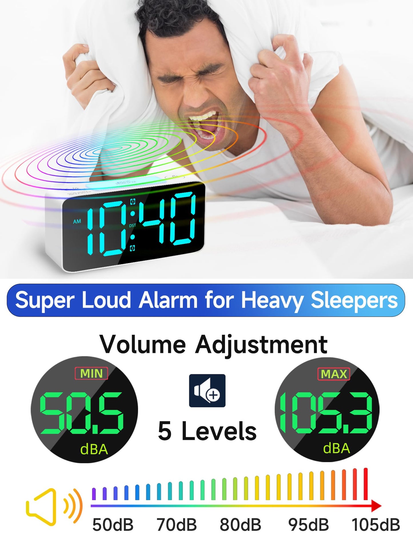 Cadmos Super Loud Alarm Clock for Heavy Sleepers Adults,Digital Clock with 7 Color NightLight,Adjustable Volume,USB Charger,Small Clocks for Bedrooms,Ok to Wake Up for Kids,Teens (White+RGB)