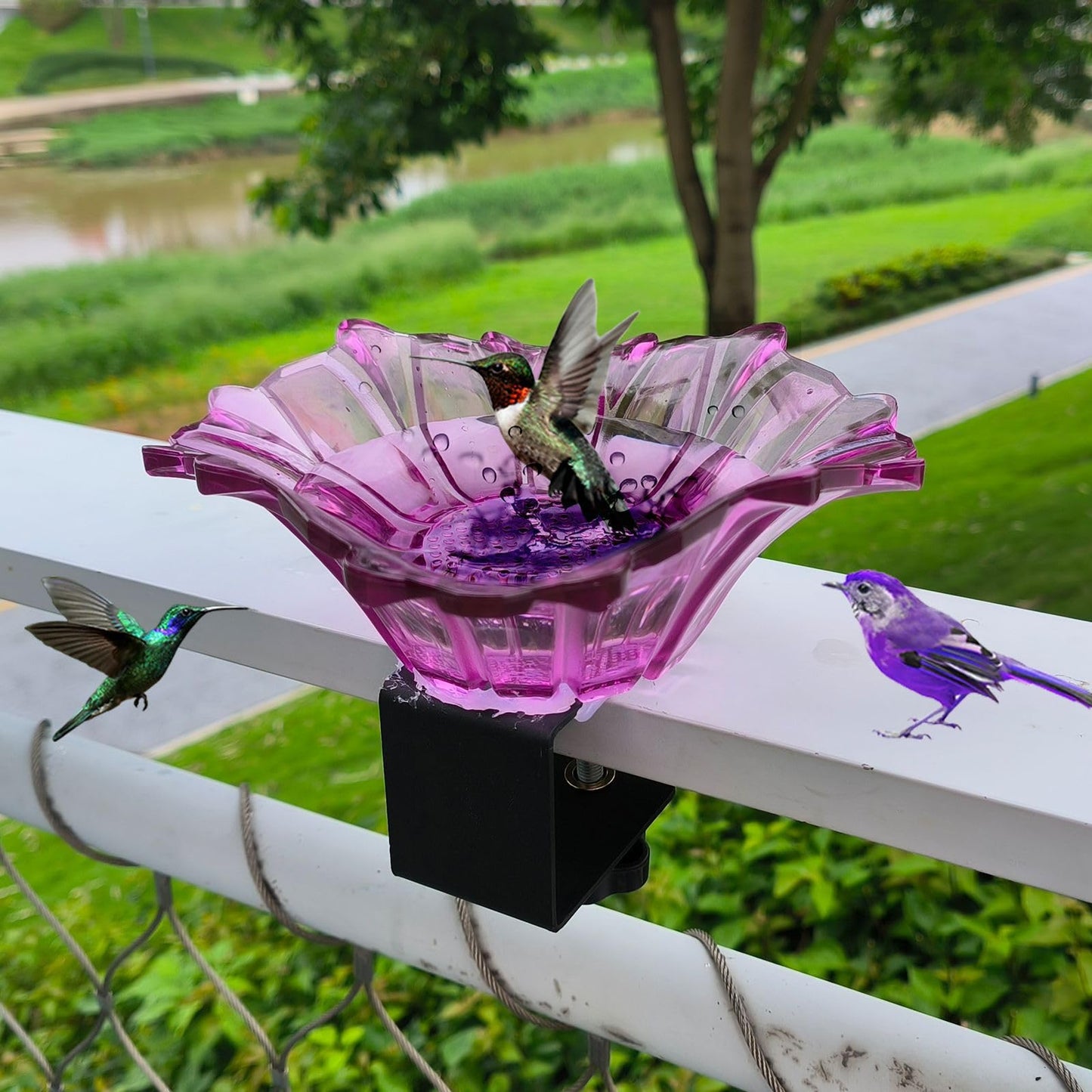 Metal Deck Mounted Bowl Bird Bath for Railing Patio Large Balcony Clearance Modern Bird Water with Stake Clam for Outdoors Garden (Red)