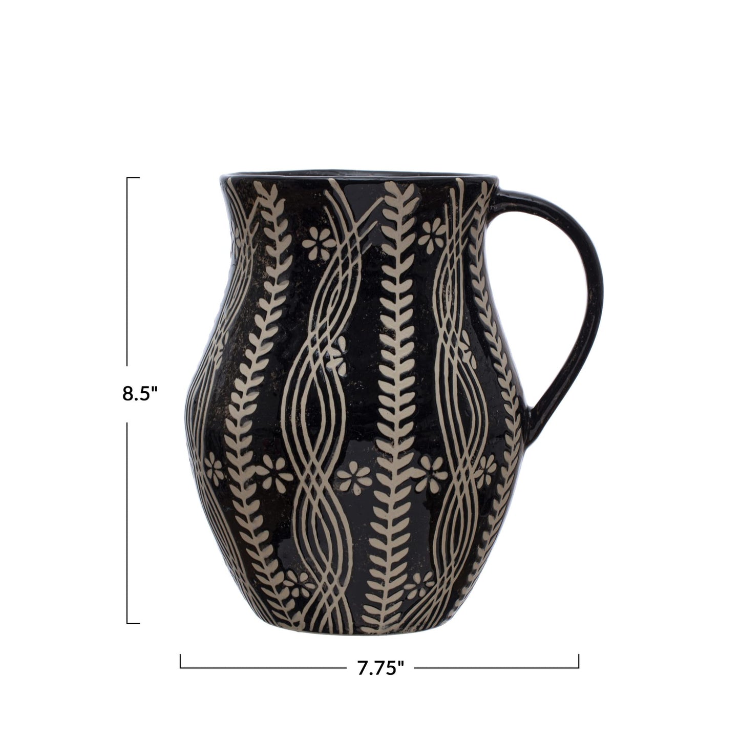 Creative Co-Op Stoneware Wax Relief Botanicals, Black and Natural Pitcher