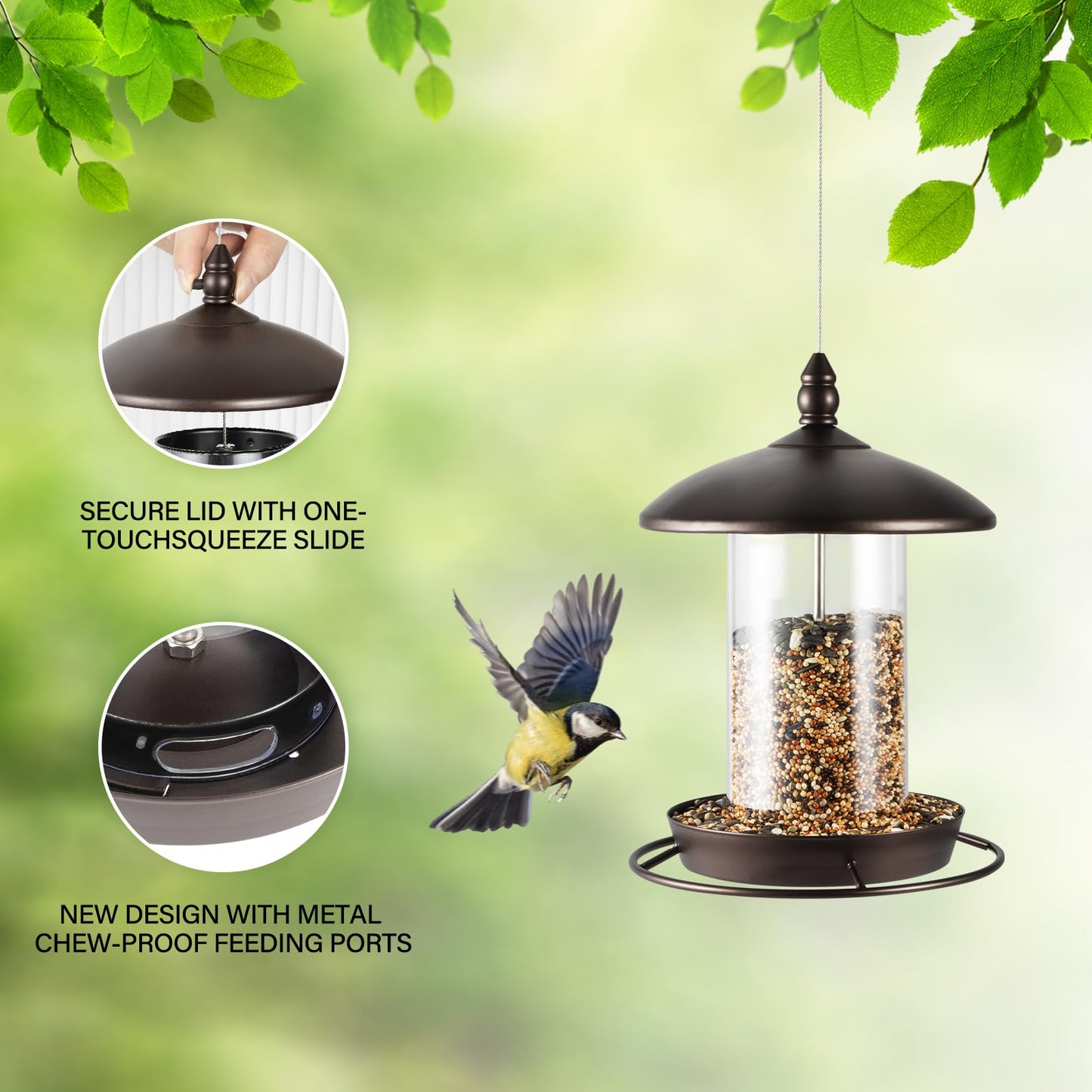 Metal Bird Feeder for Outside Hanging,Wild Bird Feeders for Cardinal, Large Roof and Tray - 6 Port