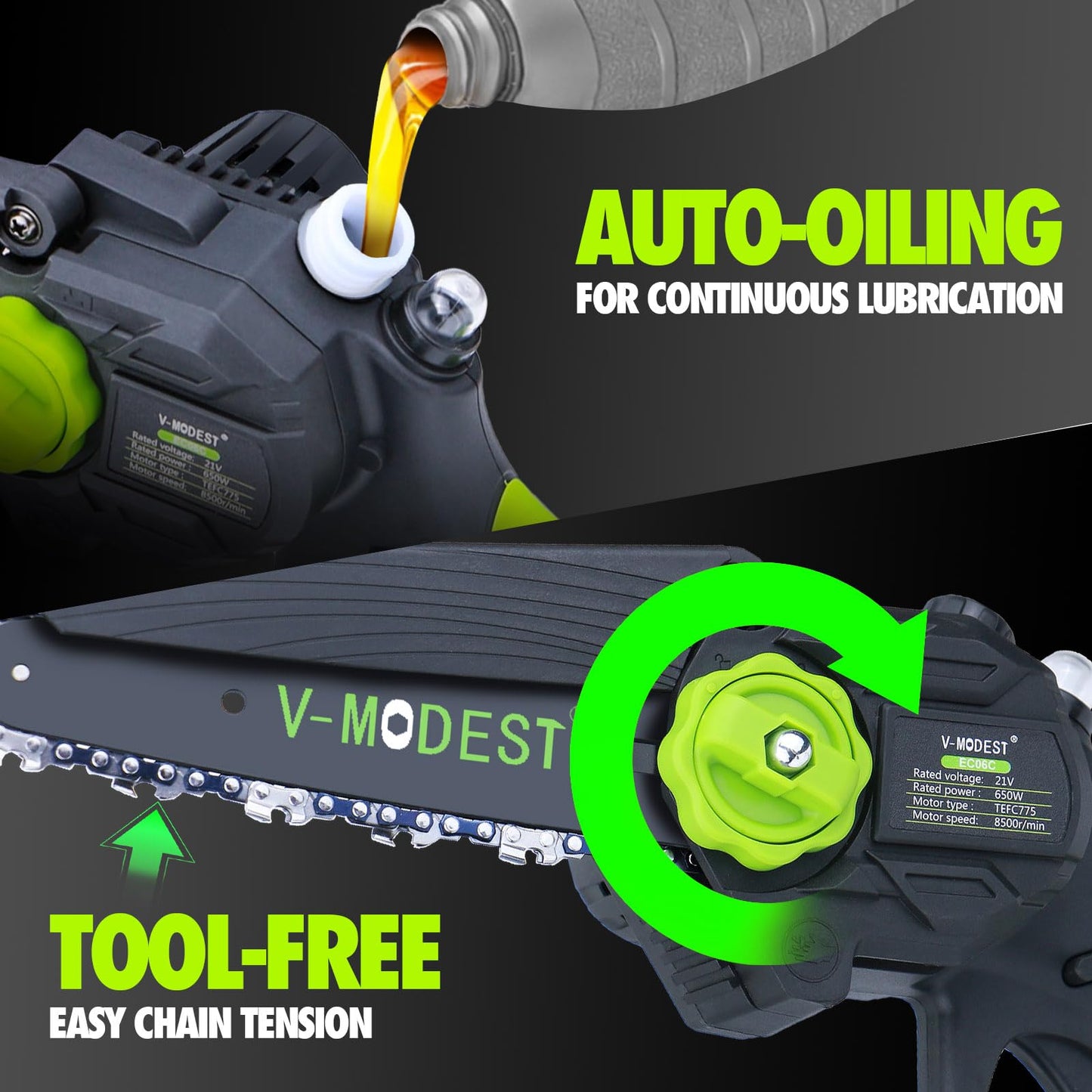 V-MODEST 2-in-1 Cordless Pole Saw, 6 Inch Brushless Pole Chainsaws Mini Handheld Chainsaw with 2× 21V Batteries, 6.5lb Lightweight, Auto Oiling, 15 FT MAX Extension Pole Saws for Tree Trimming