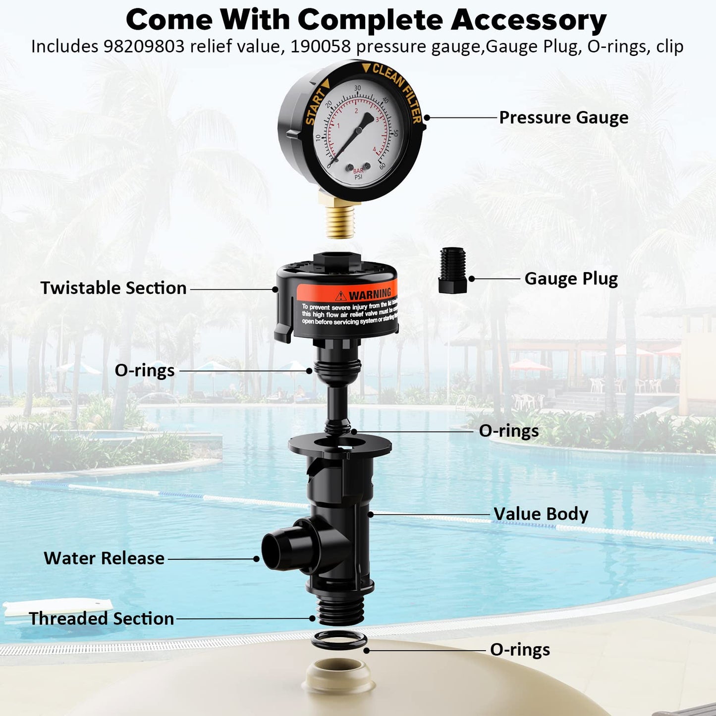 Manual Air Relief Valve for Pool and Spa Filters, Pool Filter Air Relief Valve with Pressure Gauge Replacement, Air Relief Valve for Pool Filter, Includes Gauge Plug, Pressure Gauge, O-Rings, Clips.