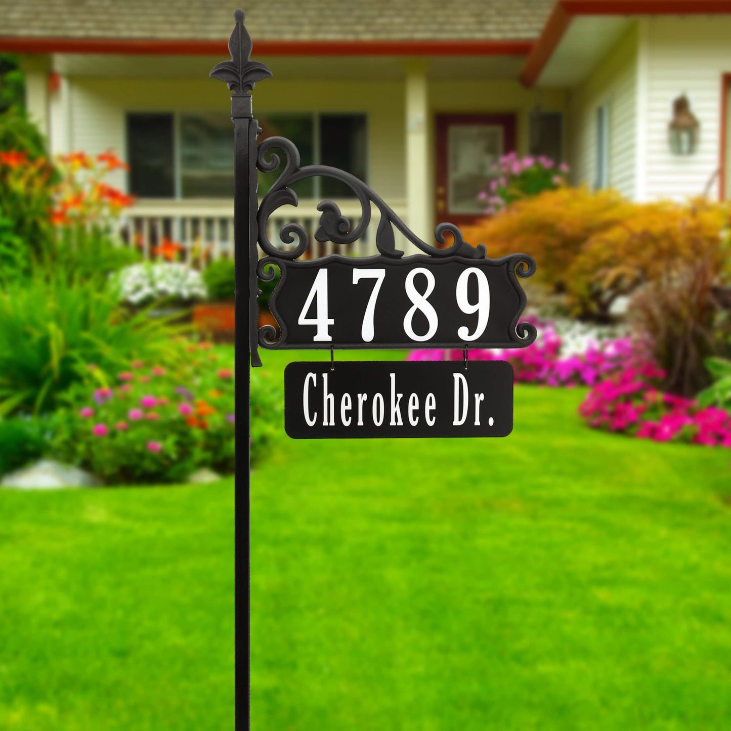 Address America USA Handcrafted Boardwalk Home Address Sign, Customized Name and House Number Plates with 58" Pole - Double-Sided, Reflective, Visible - NP