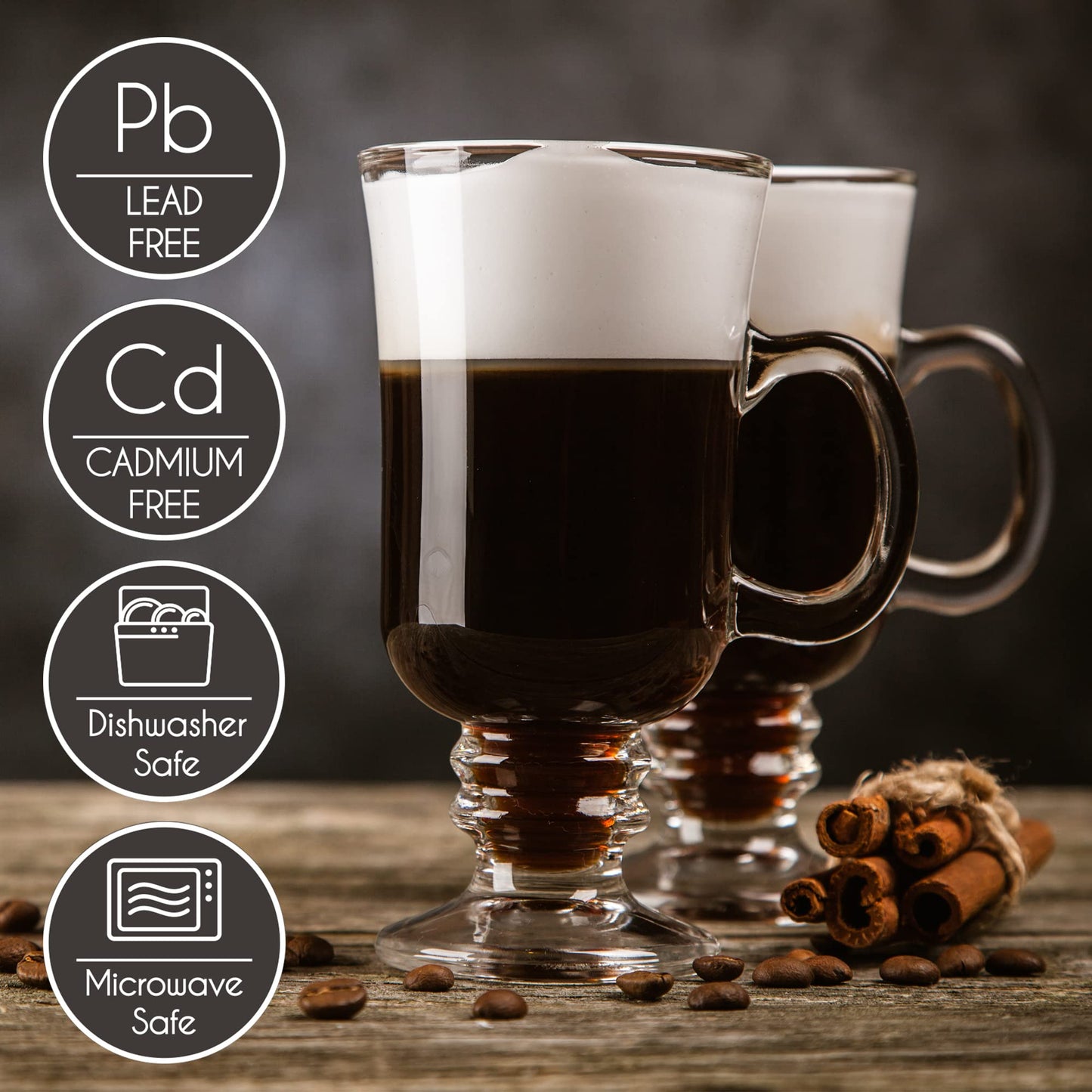 Volarium Irish Coffee Glass Mugs, Latte Cups, Set of 2 Cappuccino and Hot Chocolate Mugs with Handle, Clear Glass Mugs for Hot Beverages, 7 3/4 oz