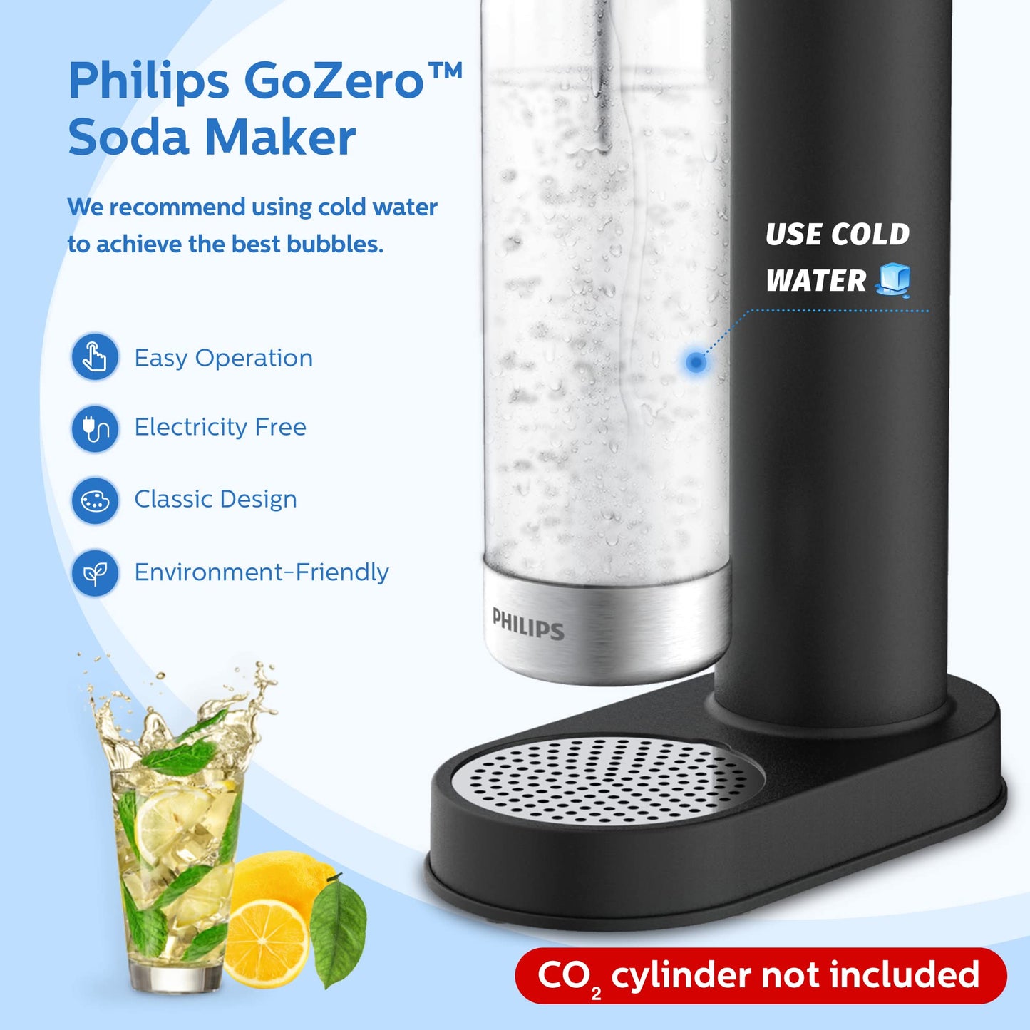 Philips Stainless Sparkling Water Maker Soda Maker Machine for Home Carbonating with BPA free PET 1L Carbonating Bottle, Compatible with Any Screw-in 60L CO2 Exchange Carbonator(NOT Included), Black