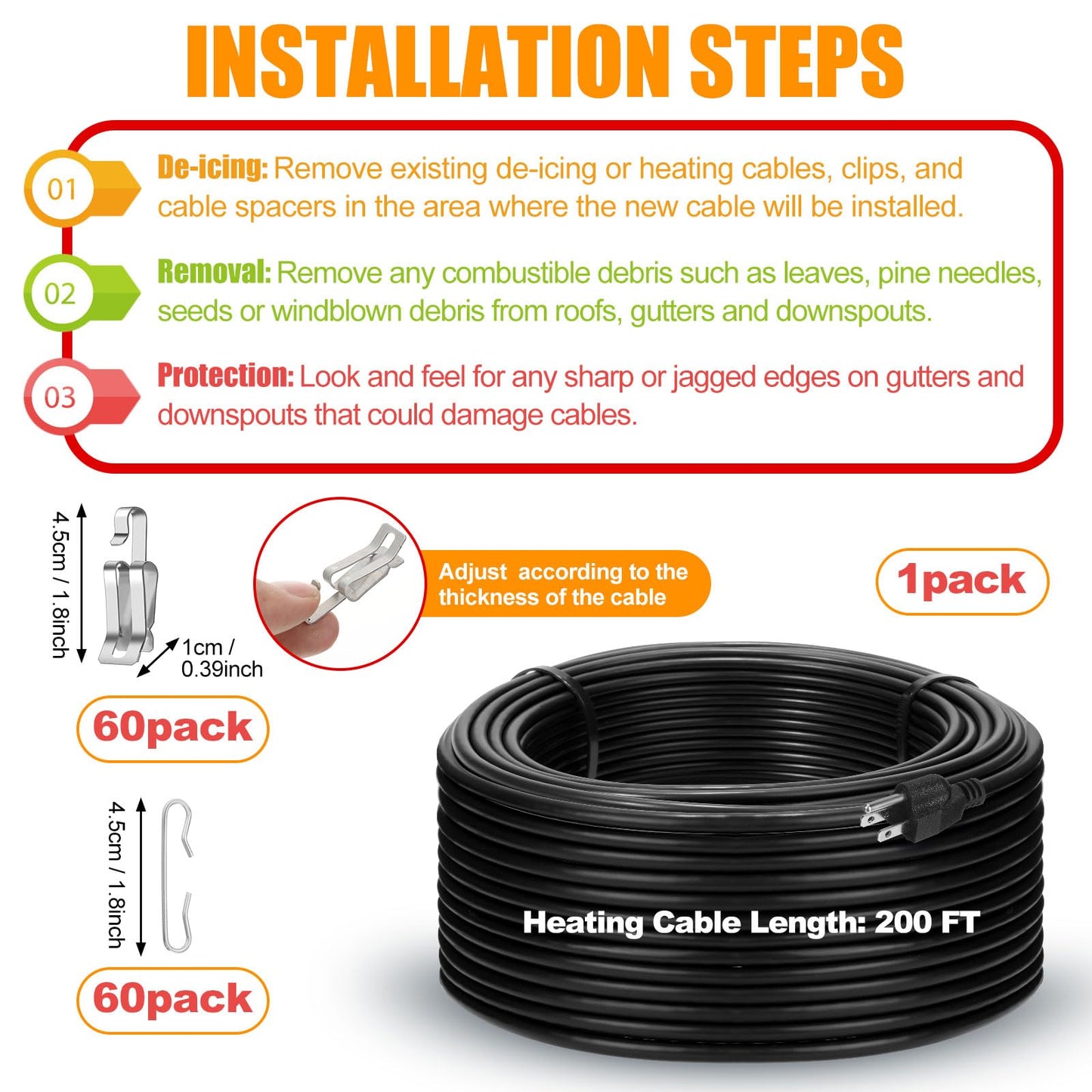 Retisee 200 ft Roof Snow Deicing Cable Kit 5 Watts Per Foot Deicing Heating Cable Plug in Heat Tape for Roof and Gutters with Mounting Buckle, 110V