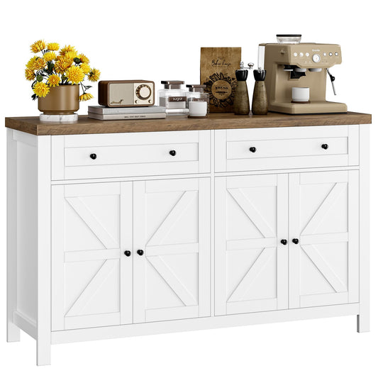 HOSTACK 55" Buffet Sideboard Cabinet with Storage, Modern Farmhouse Coffee Bar Cabinet with Drawers and Shelves, Barn Doors Storage Cabinet for Kitchen, Living Room, White