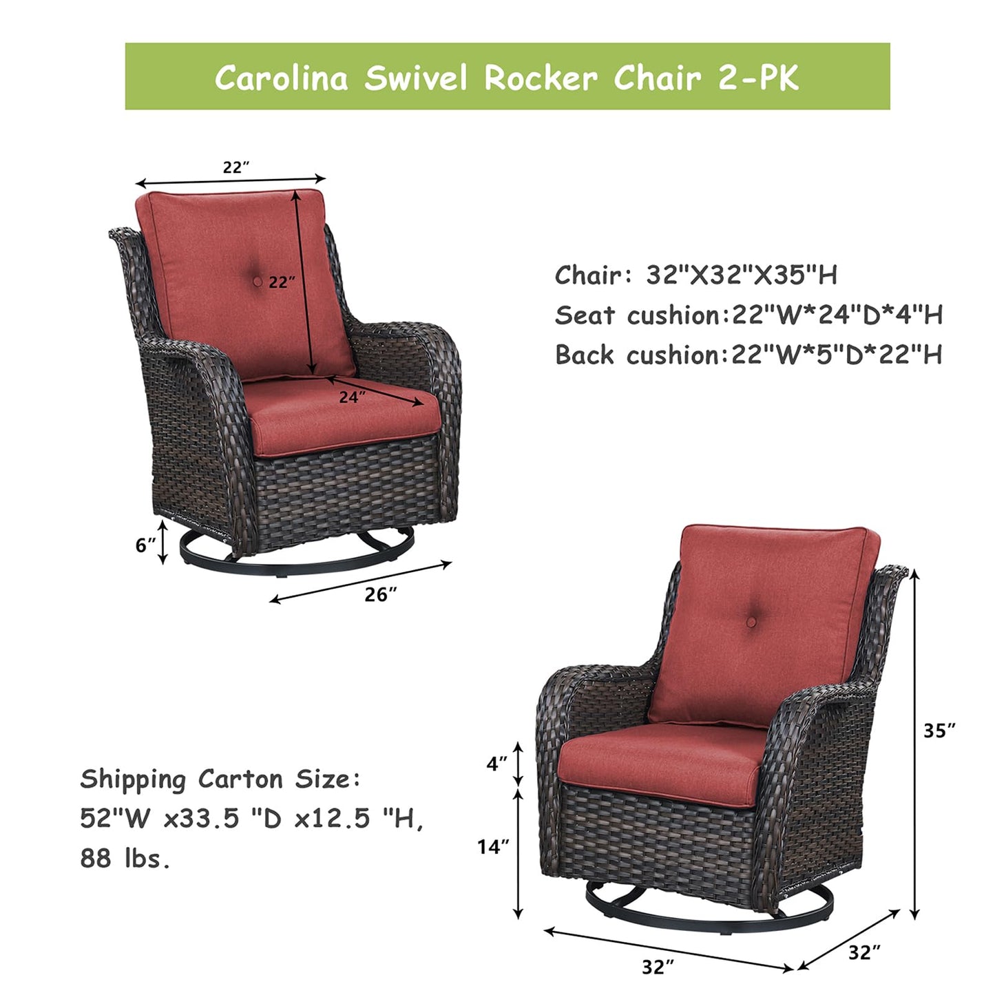 Rilyson Patio Chairs Rocking Swivel Chiar - 2 Piece Outdoor Wicker Furniture Chairs Set Rattan Rocker Chairs with High Back and Deep Seating for Outside Porch Deck Garden(Brown/Red)