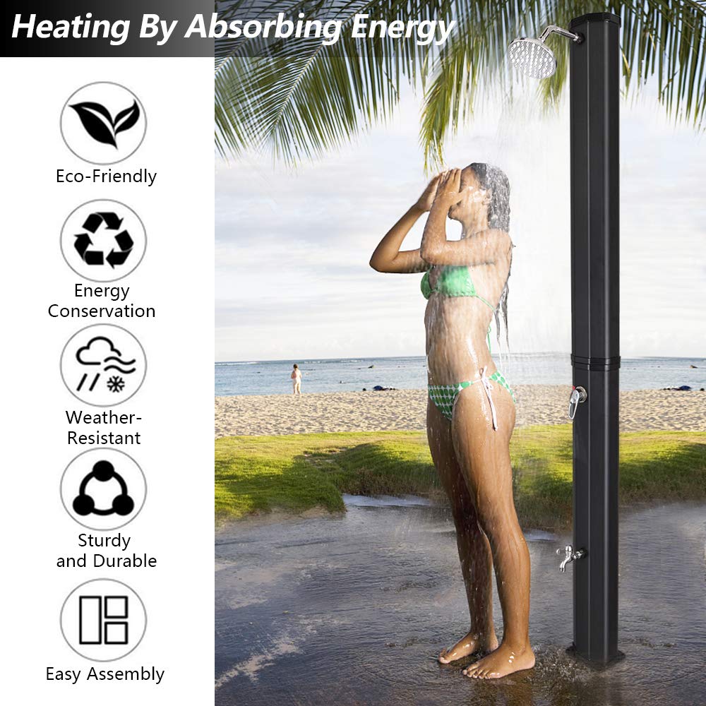 VINGLI Solar Heated Shower, 9.3 Gallon Outdoor Shower with Shower Head and Foot Shower Tap，for Outdoor Backyard Poolside Beach Pool Spa,Black (9.3 Gallon)