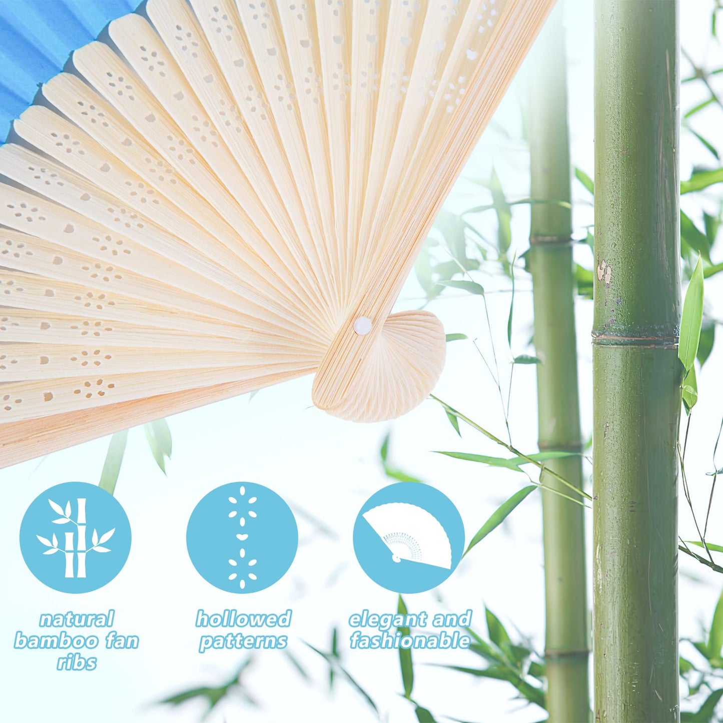 JOHOUSE 12PCS Folding Paper Fans, Handheld Paper Fan Foldable Decorative Fans Blue Bamboo Fan for Summer Beach Party Dancing DIY Wall Decoration