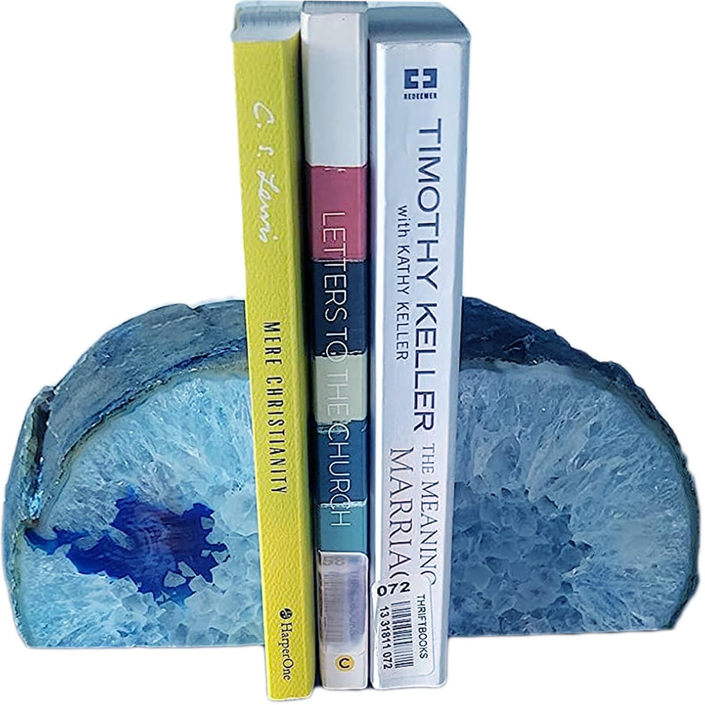 JIC Gem Blue Agate Bookends Geode Book Ends for Shelves Decorative Crystal Bookends Heavy Duty Bookend Bookshelf Decor with Rubber Bumpers(1 Pair, 3-4 LBS)